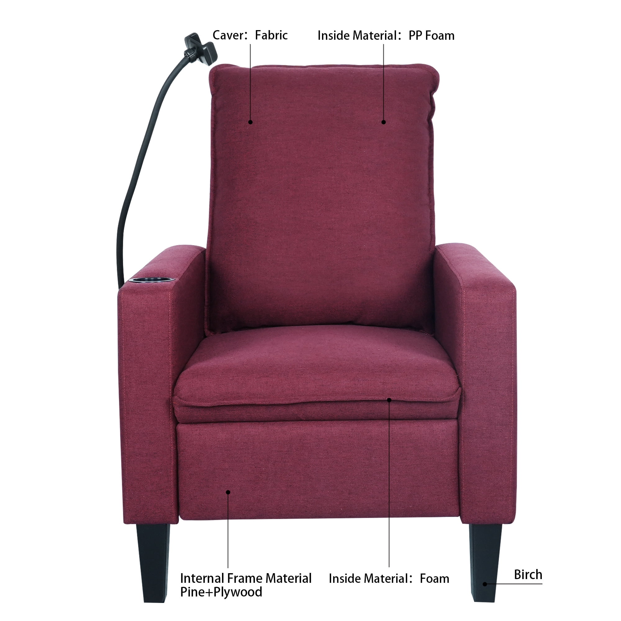 Aukfa Recliner Chair, Single Sofa Armchair with Cup & Phone Holder for Living Room Bedroom, Red - Image 2