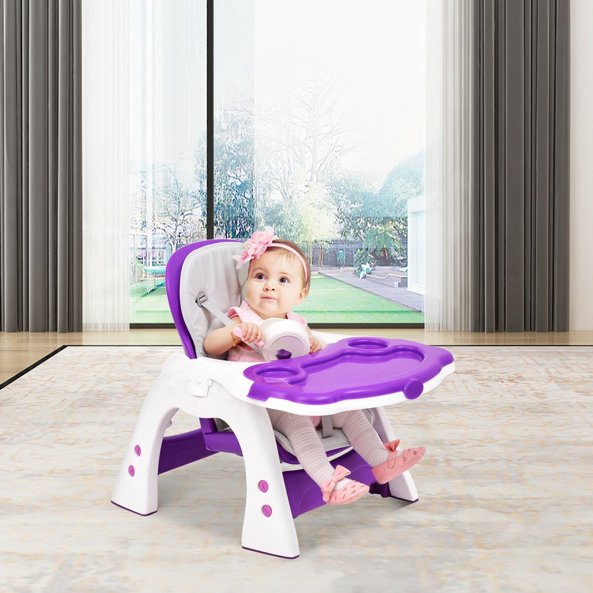 Costway 3 in 1 Baby High Chair Convertible Play Table Seat Booster Toddler Feeding Tray Purple - Image 4