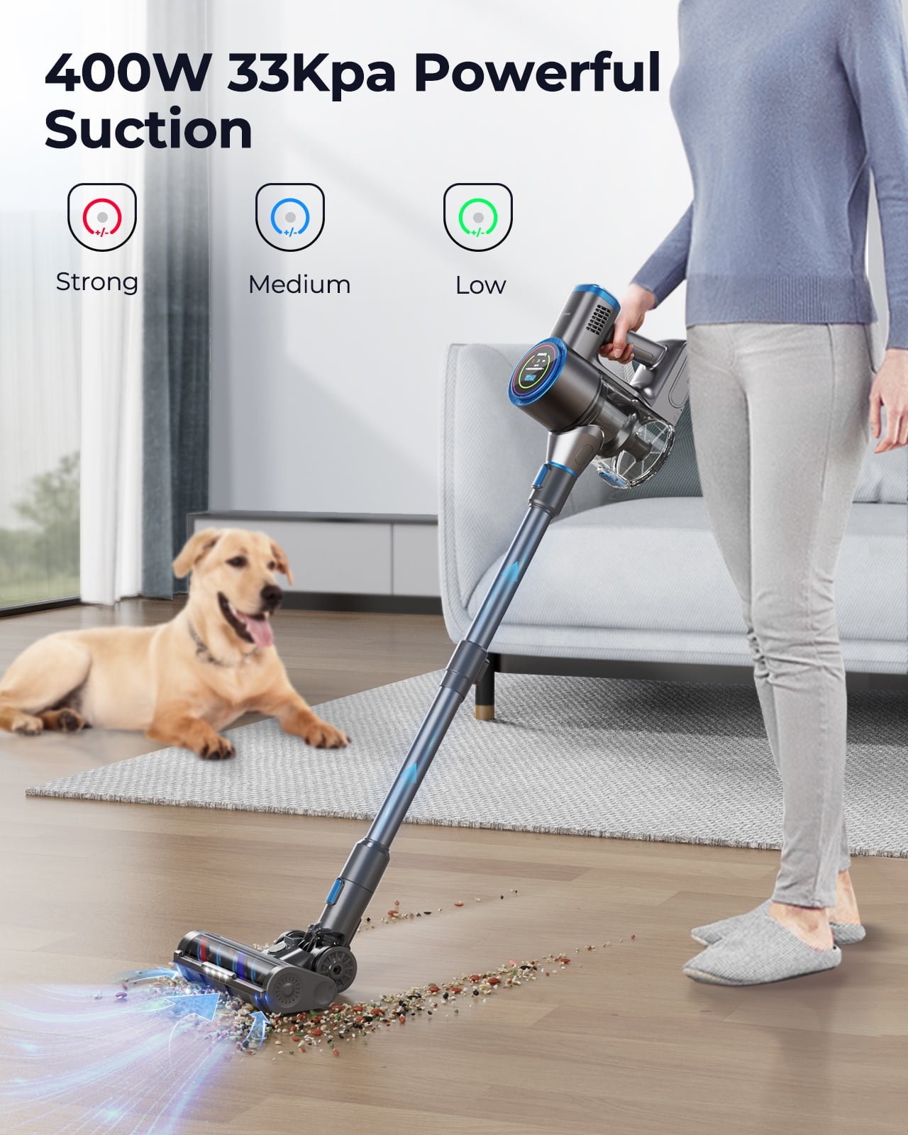 Laresar Cordless Vacuum Cleaner 450W/55mins/33Kpa With Charging Station & Dual Display & Dust Sensor Stick Vacuum Cleaner for Carpet Pet Hair Hard Floor - Image 4