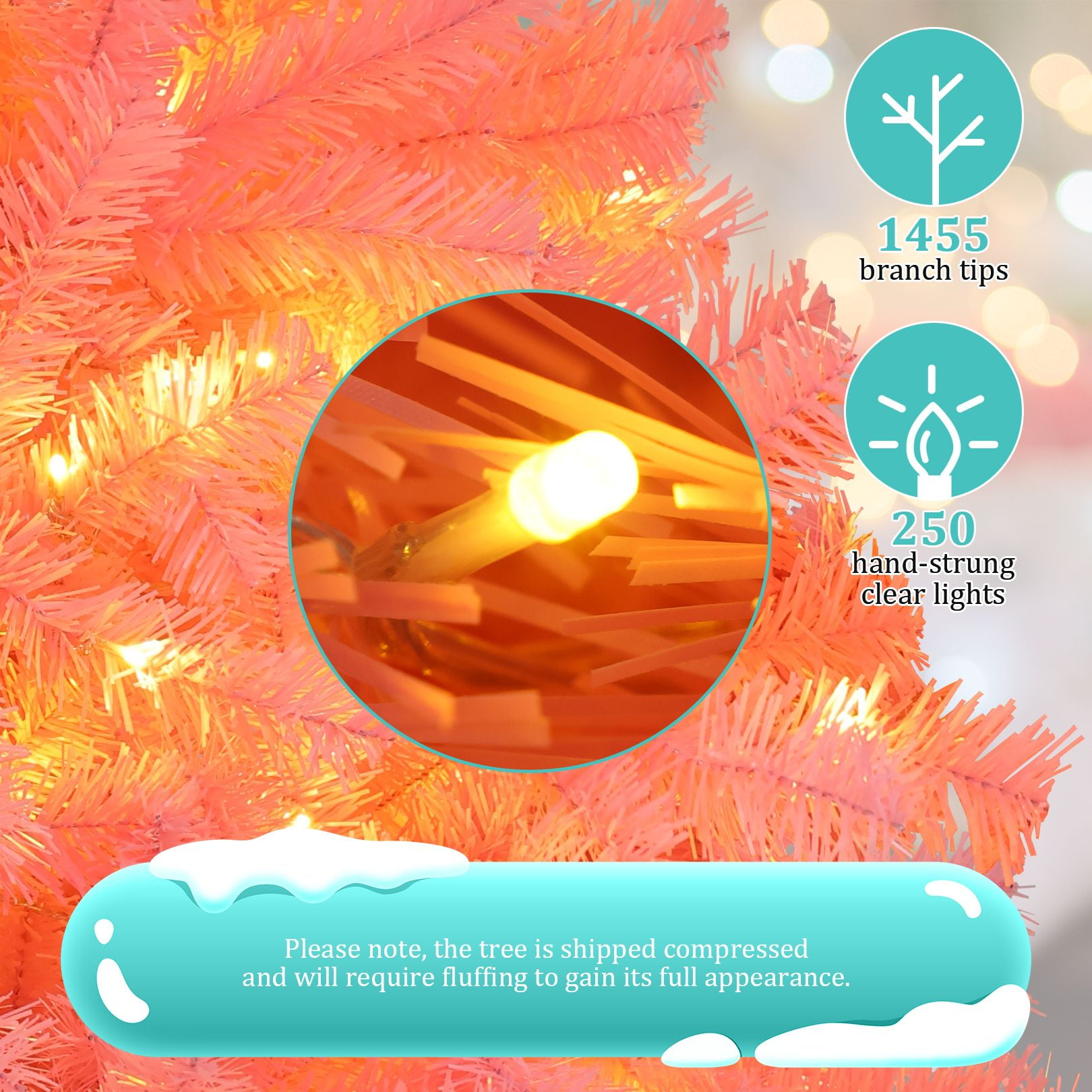 Funcid 6ft Pink Artificial Christmas Tree, Hinged Spruce Full Tree with 1,477 Branch Tips, 250 Incandescent Lights, Foldable Metal Stand, PVC Material, Xmas Tree for Indoor and Outdoor Decoration - Image 7