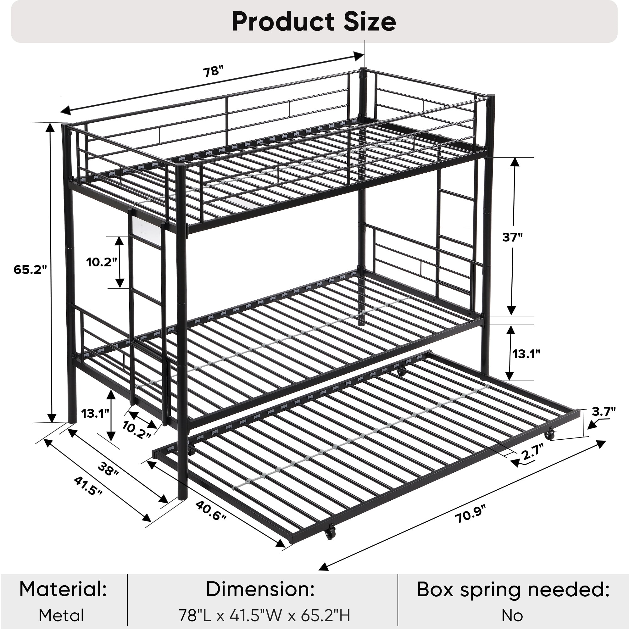 Clipeyh Modern Kids/Adults Geometric Metal Twin Bunk Bed with Trundle and Guard Rail, Black - Image 7