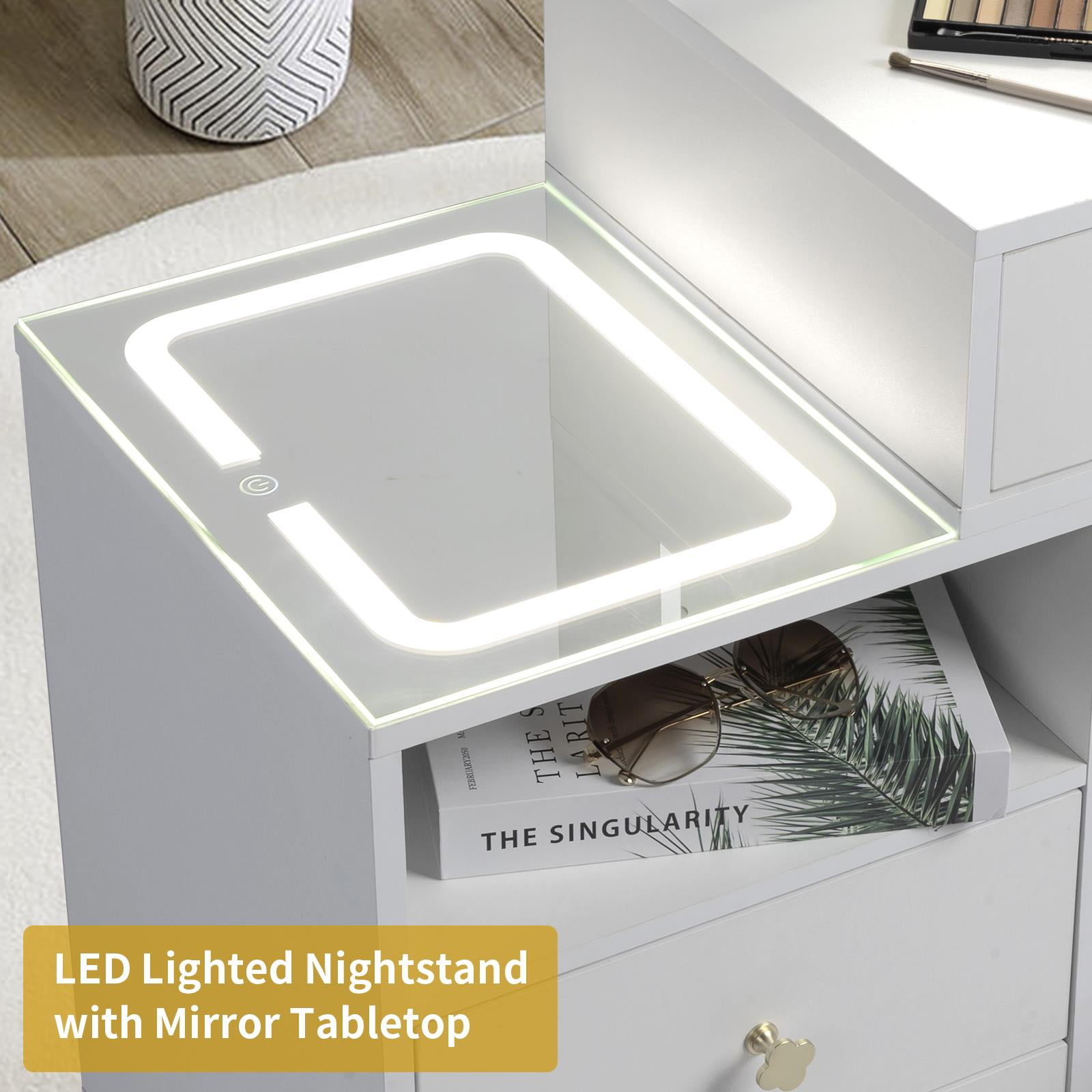 Ktaxon 3 Color Lighted Vanity Table Set, Makeup Table with LED Nightstand, Dressing Table with USB Charging Station, Women, Female Bedroom, White - Image 6