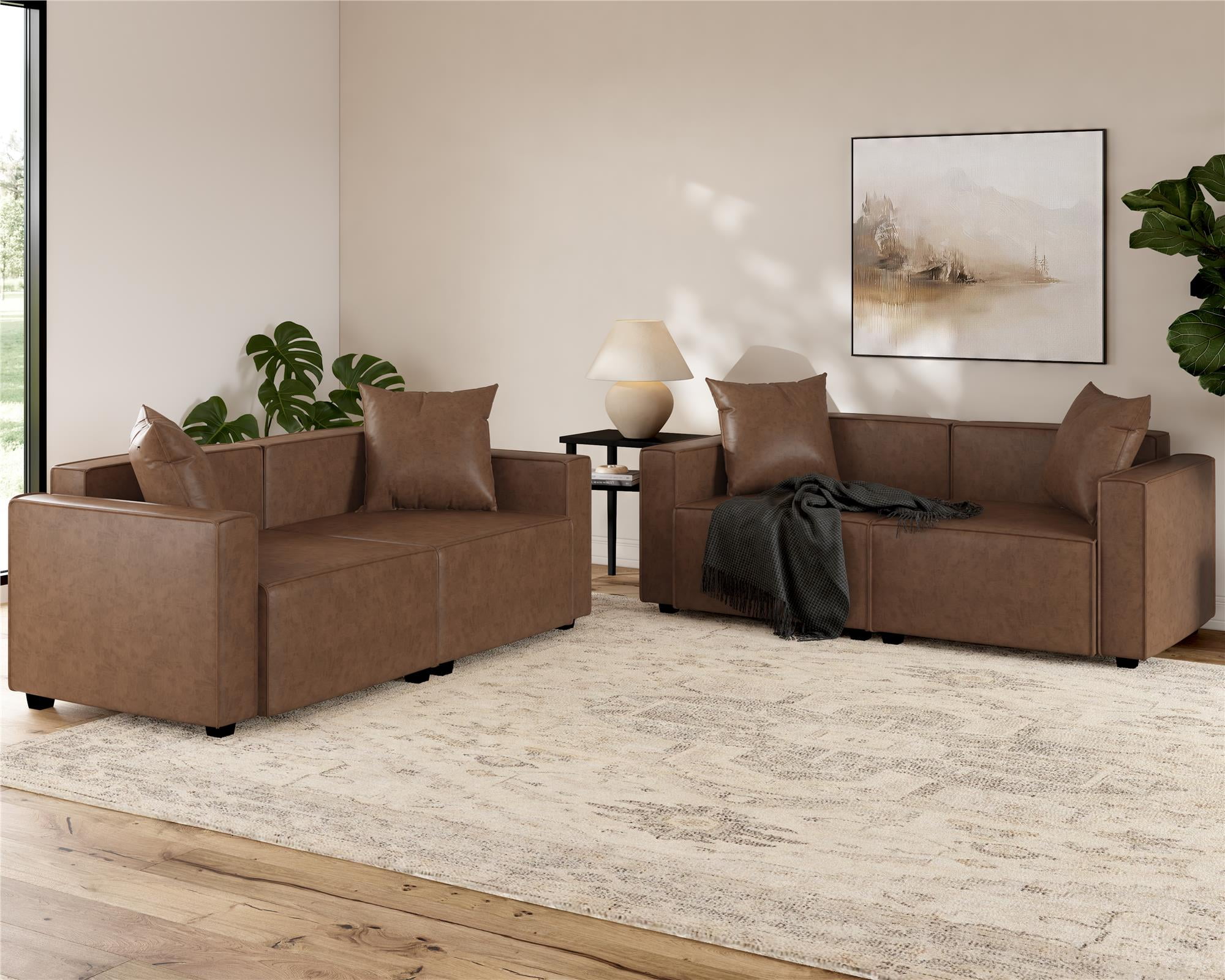 Mainstays Wynnewood 75" Low Profile Faux Leather Sofa Couch with 2 Throw Cushions, Brown - Image 5