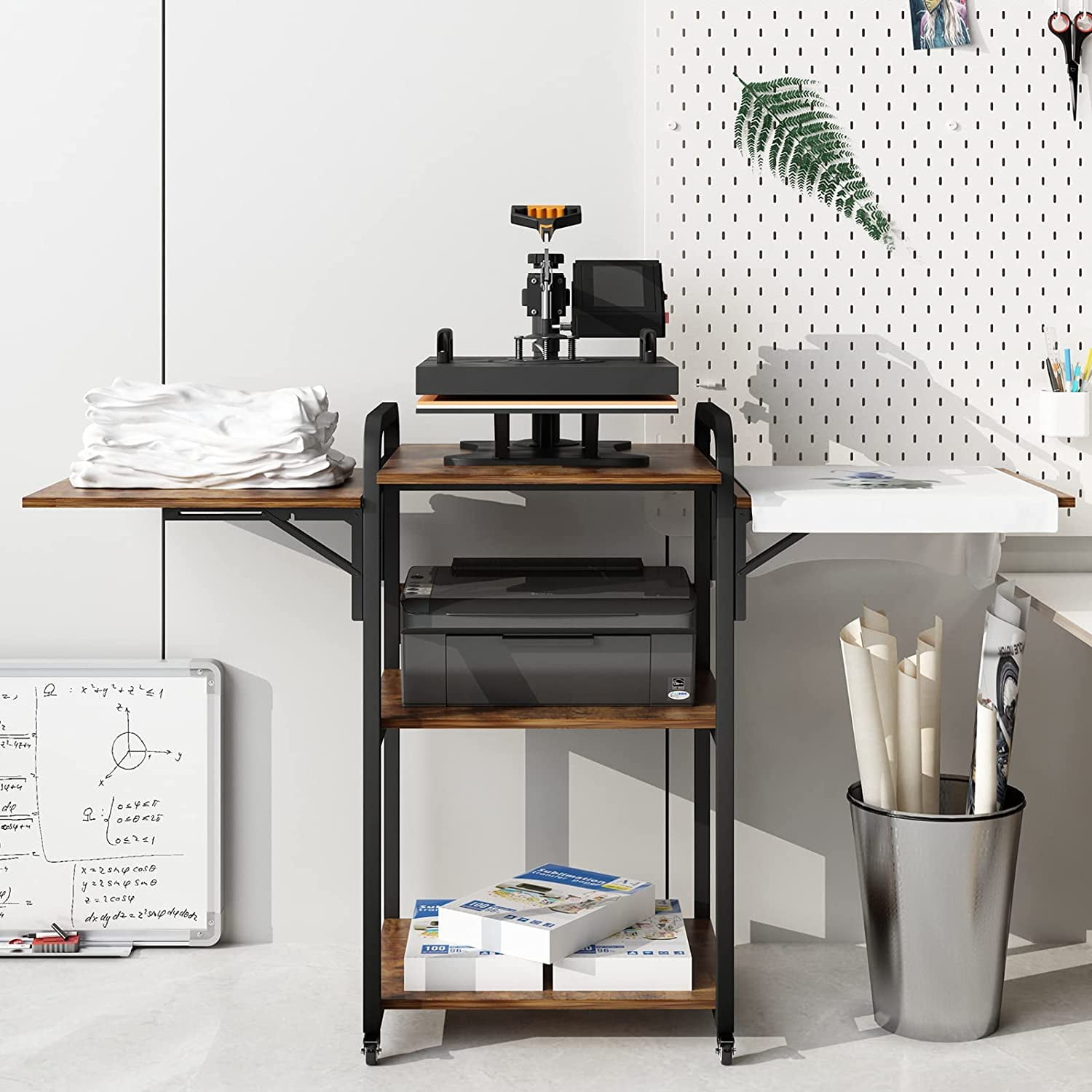 Natwind 3 Tier Movable Heat Press Table Foldable Heat Transfer Machine Stand Heavy Duty Rolling Workbench with Folding Table for DIY Sublimation Transfer Machine Metal Shelf Storage Organization - Image 6