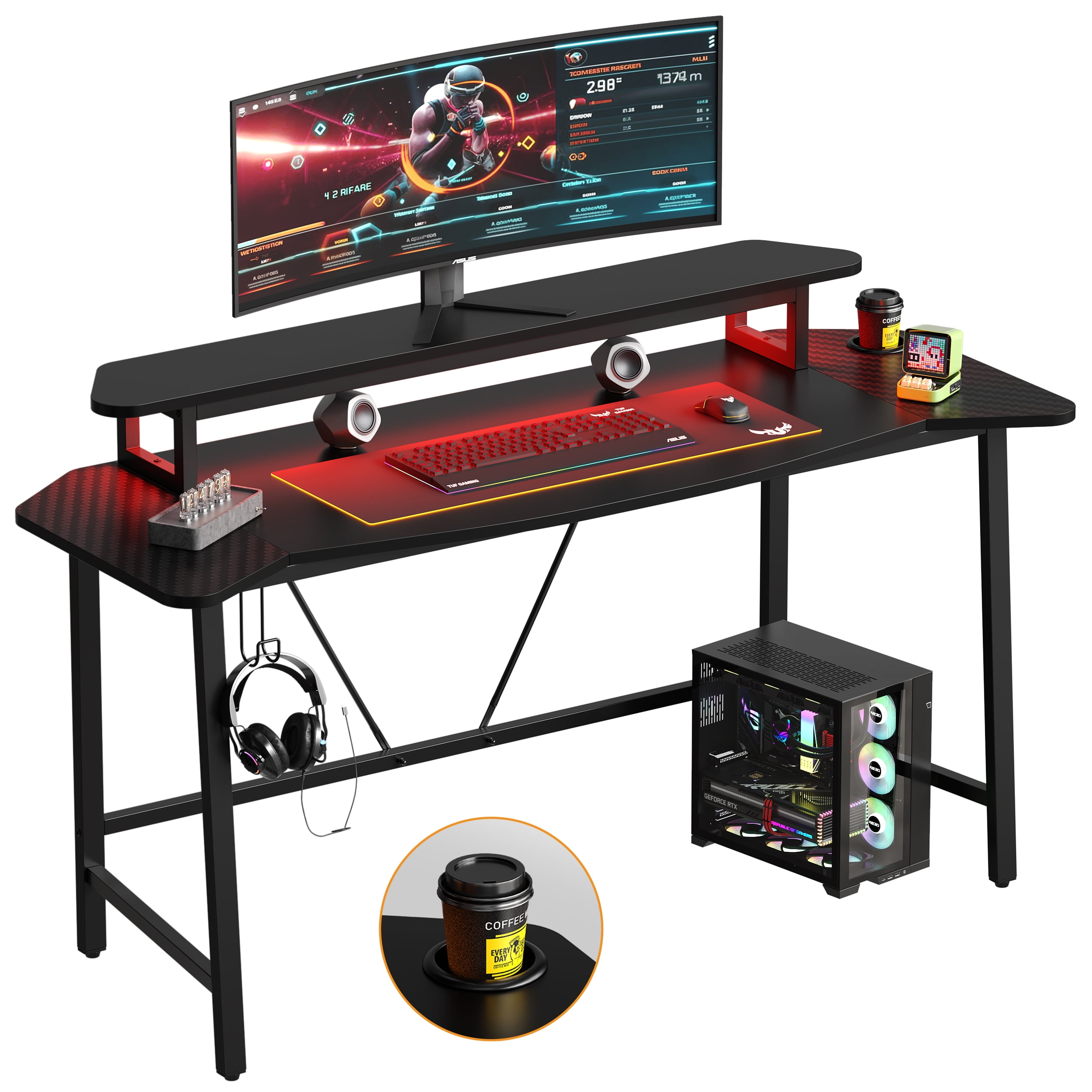 Bestier Gaming Desk 63" Ergonomic Computer Table with LED Lights Monitor Stand Cup Holder, Black - Image 7