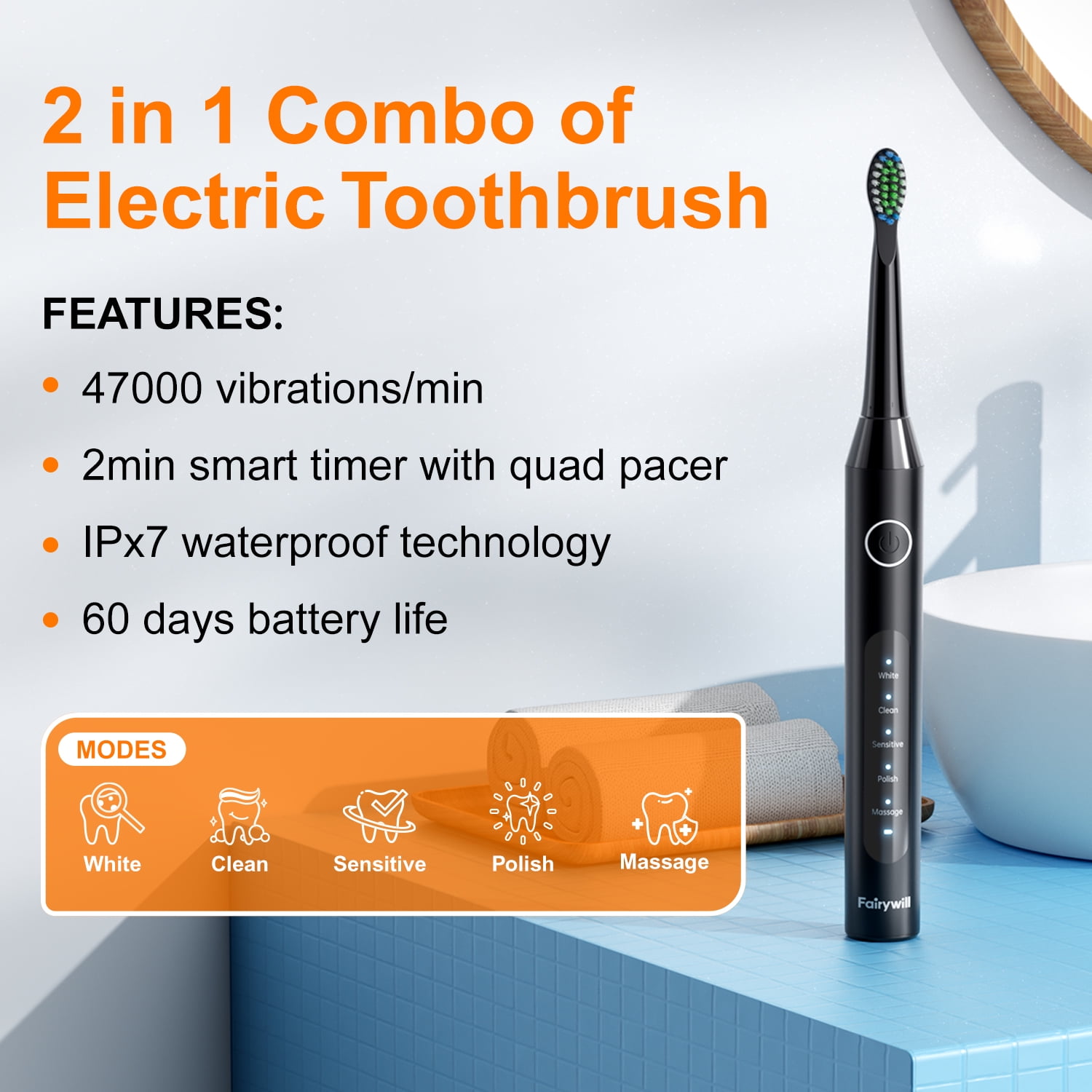 Fairywill Electric Toothbrush Water Flosser Combo, 47000/min Sonic Toothbrush with 5 Modes and 300ml Oral Irrigator,4 Brush Heads & 4 Jet Tips Included, Black - Image 4