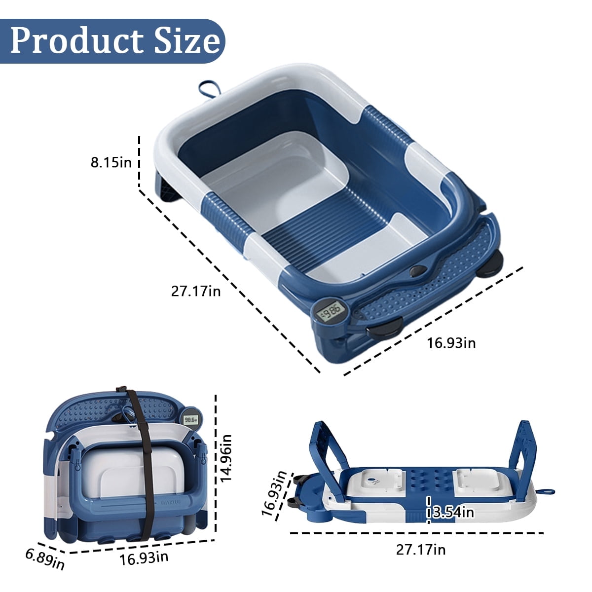 Foldable Baby Bathtub Portable Infant Baby Bath Tub with Thermometer and Shower Hole(Blue+ Pad) - Image 3