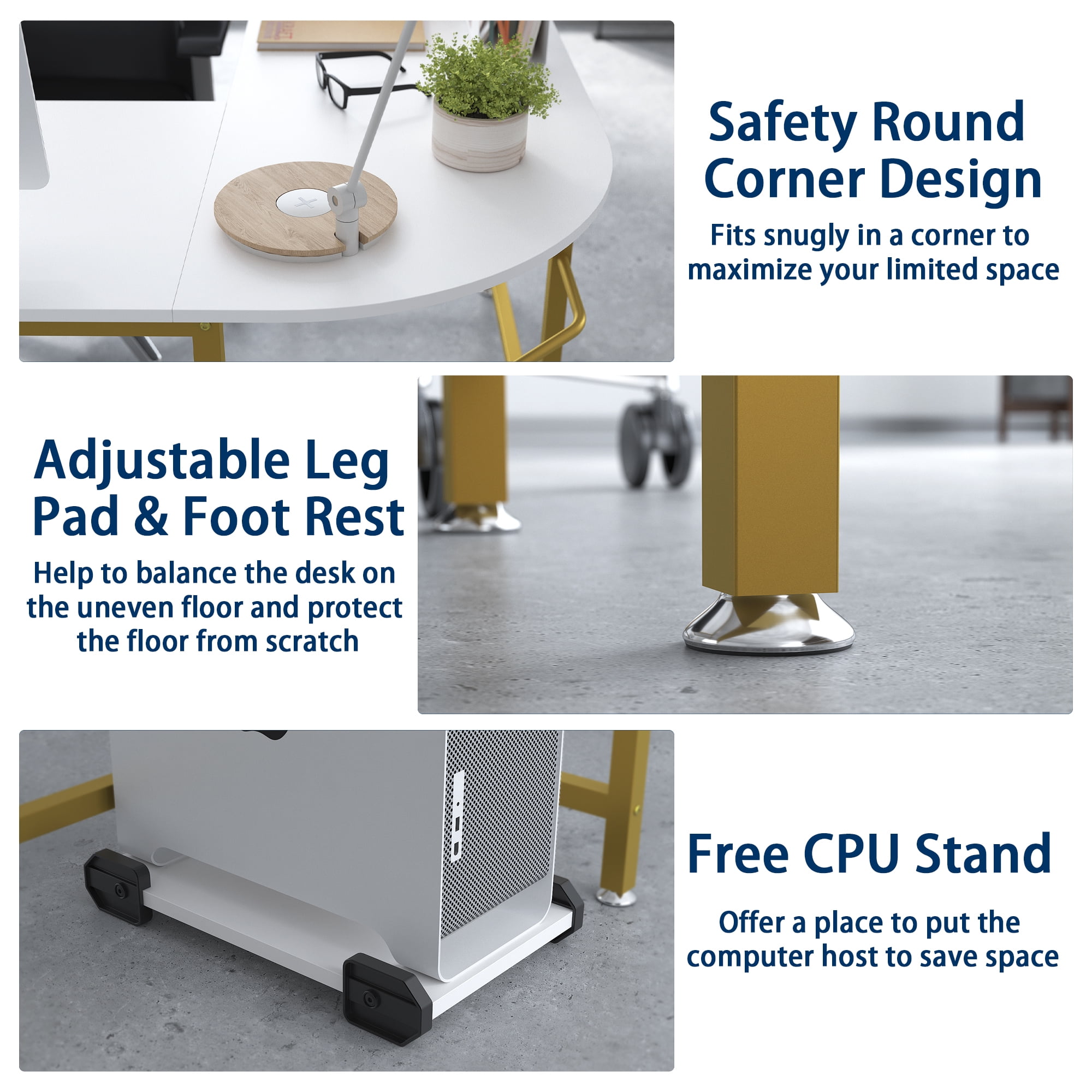 GEZEN L-Shaped Corner Computer Desk Office Workstation Modern Wooden Home Study Writing Table Laptop Desk - White with Gold Frame - Image 7