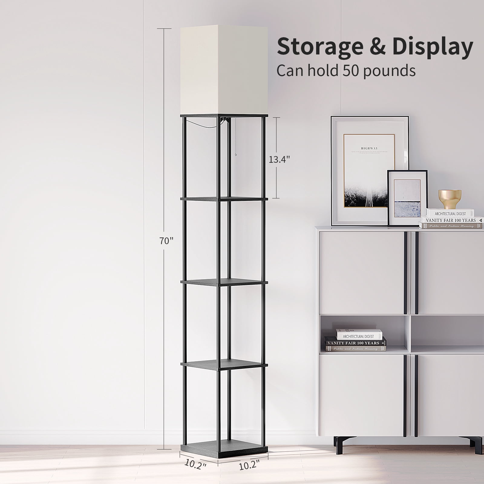 AOHAO 63" Modern Durable Black MDF Floor Lamp with Beige Square Shade - Image 5