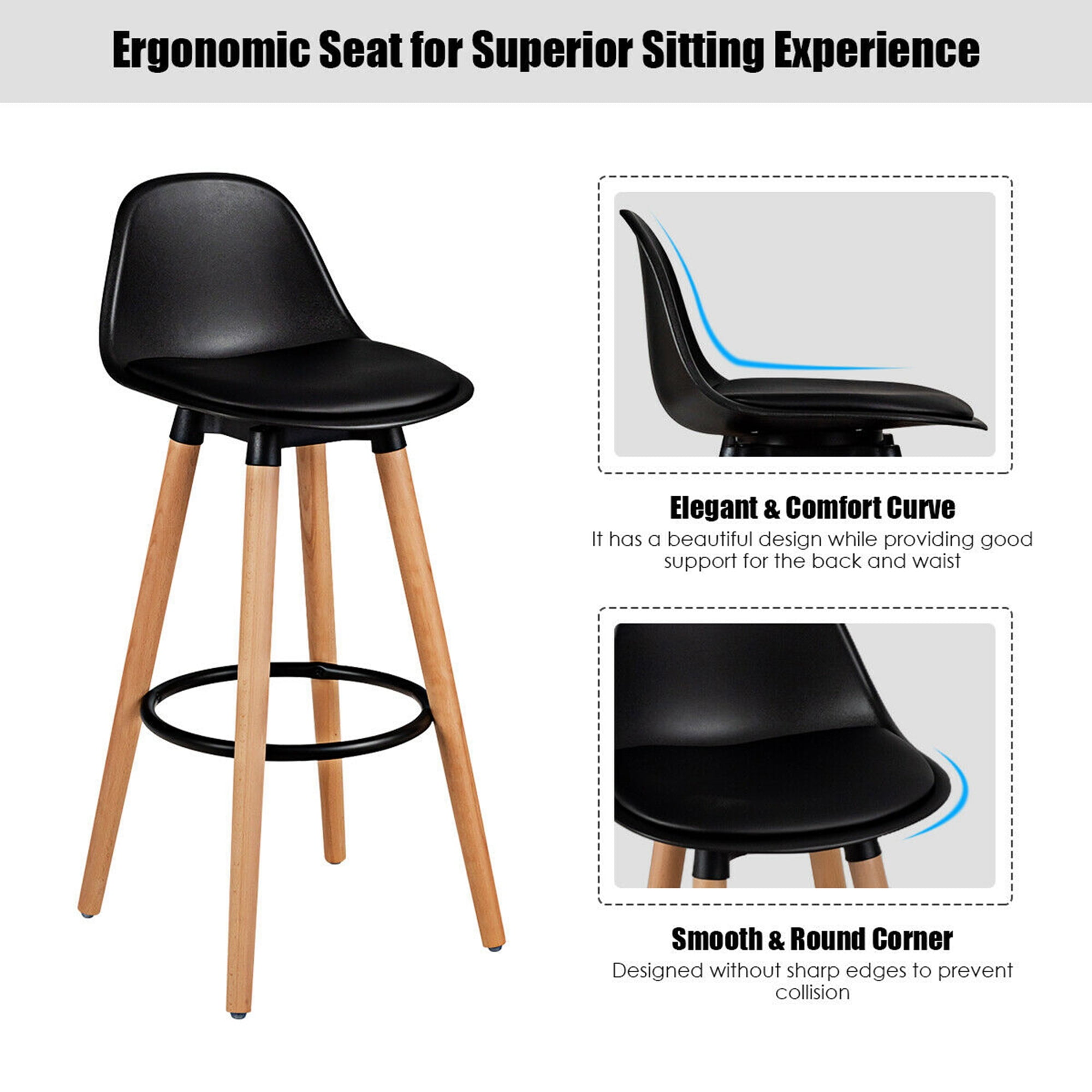 Gymax Set of 2 Mid Century Barstool 28.5" Dining Pub Chair w/Leather Padded Seat Black - Image 4