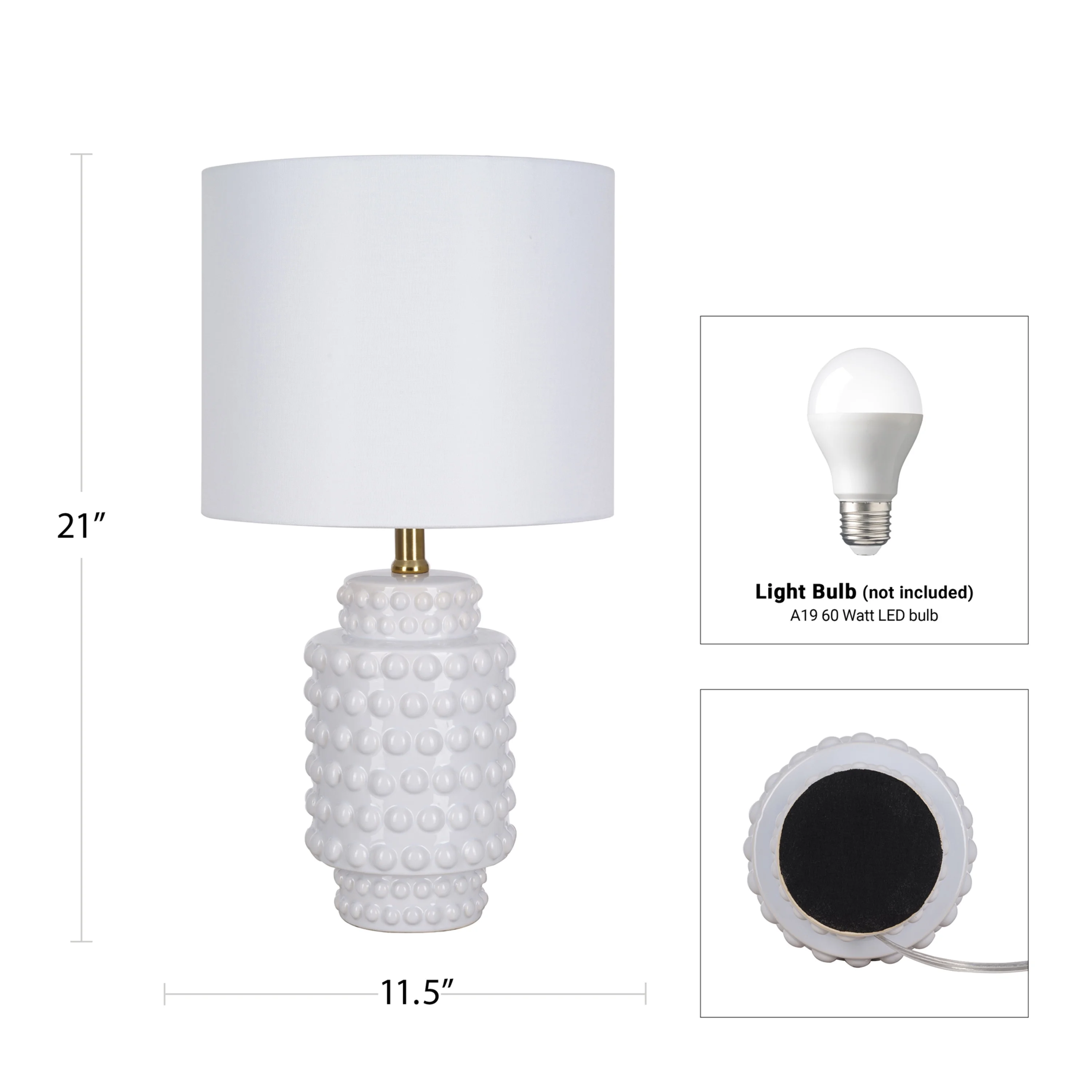 My Texas House 21'' Table Lamp with White Fabric Drum Shade Transitional Table Light Fixture for Living Room, Bedroom or Office, White - Image 7