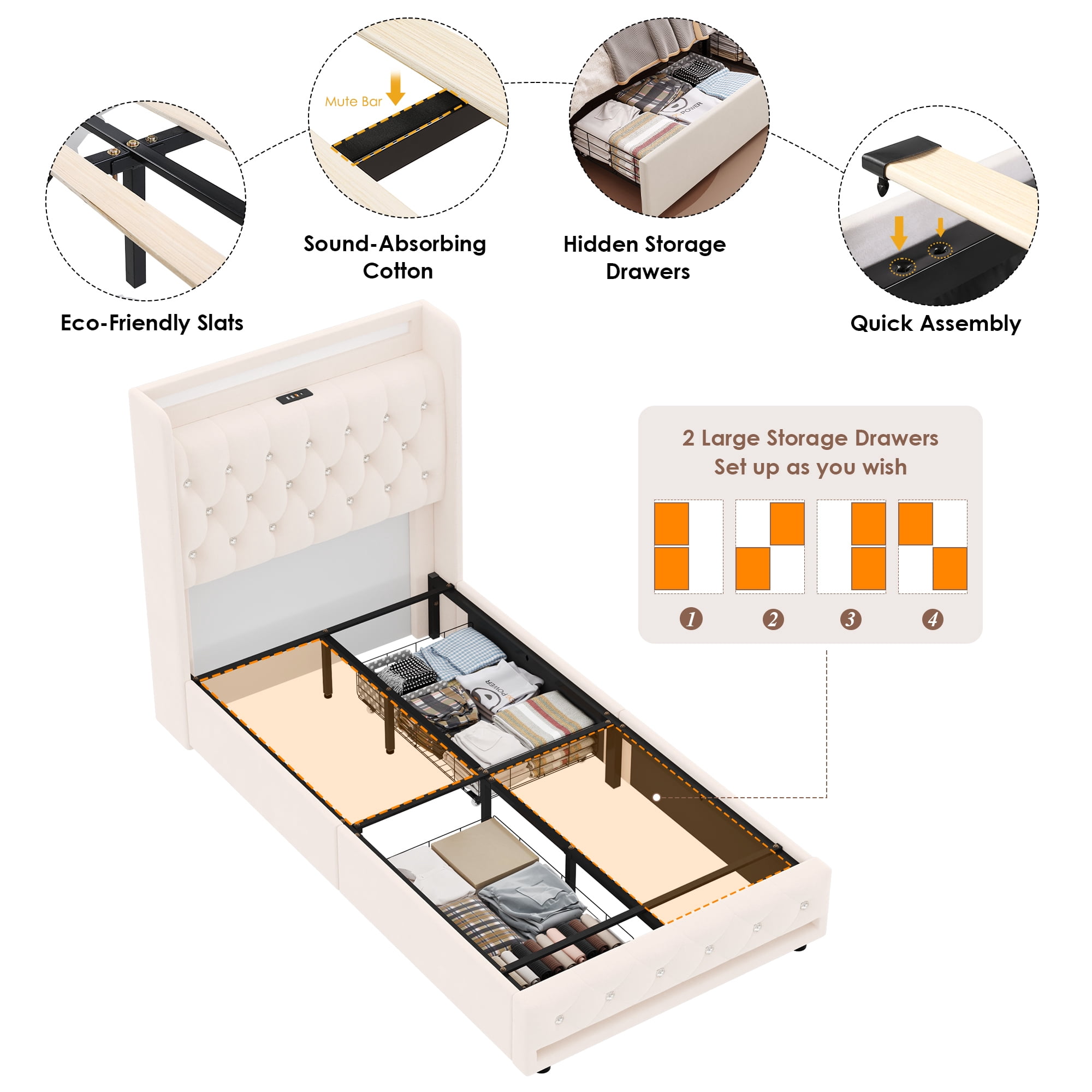 Homfa Twin Bed Frame with LED Light & Charge Station, 2 Storage Drawers Modern Upholstered Wingback Platform Bed Frame, Beige Velvet - Image 4