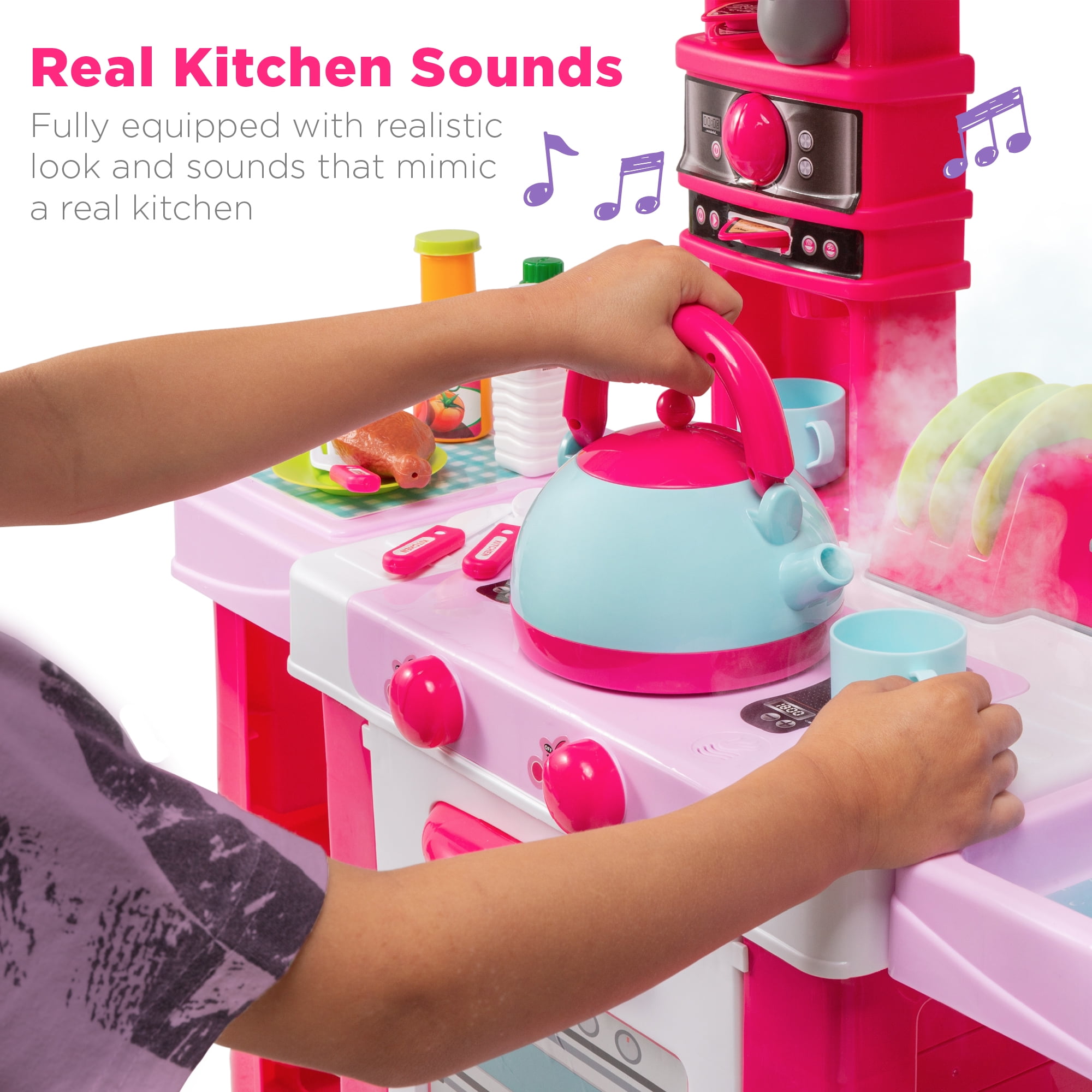 Best Choice Products Pretend Play Kitchen Toy Set for Kids with Water Vapor Teapot, 34 Accessories, Sounds - Image 5