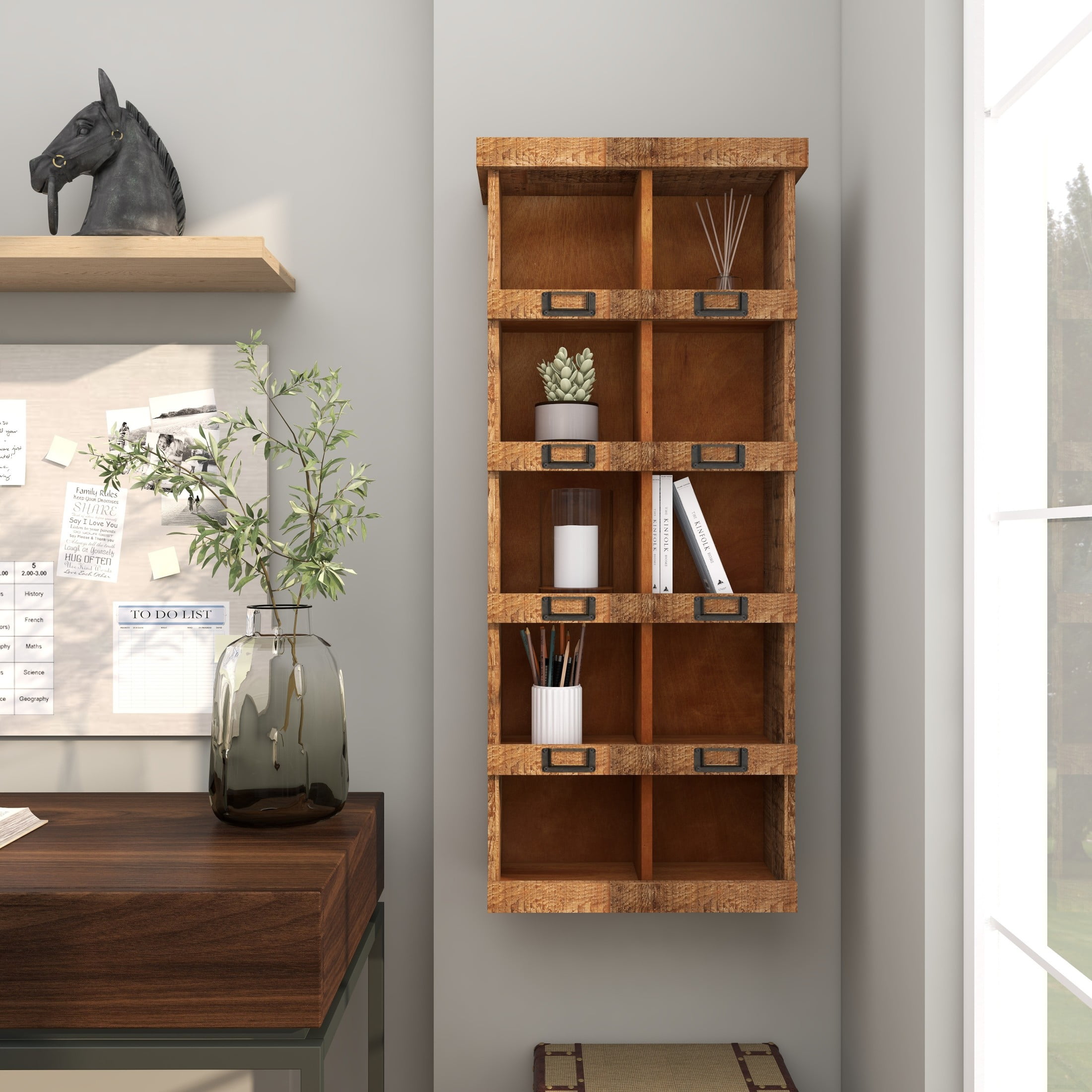 DecMode Rustic Bookcase Inspired Wood Wall Shelf with 10 Square Units and Brown Wood Grain Finish, 18"W x 42"H - Image 9