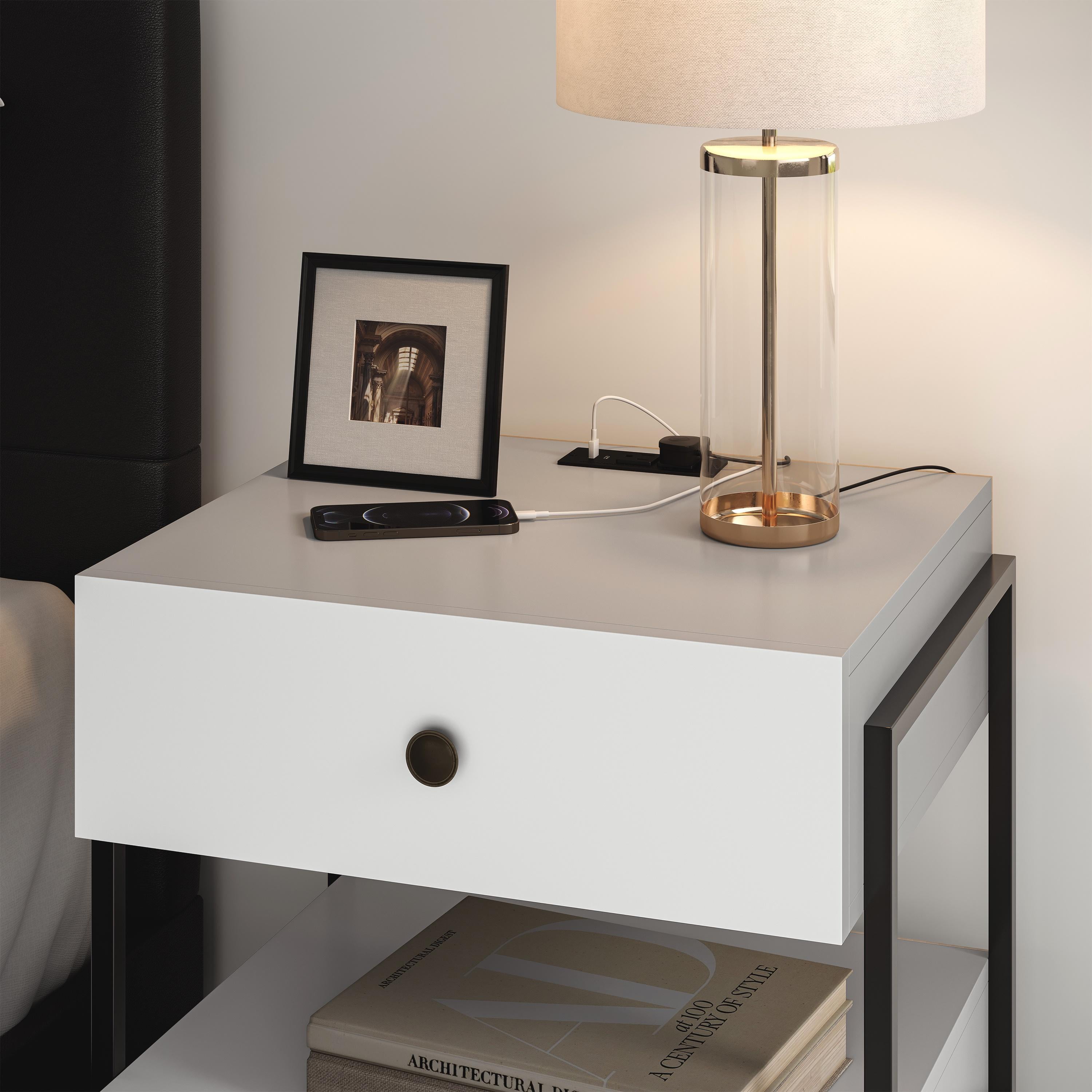 Boyd Sleep Pesaro Modern Two Drawer Nightstand with USB Charging Ports, Metal Frame, White Storage Table for Bedroom - Image 5