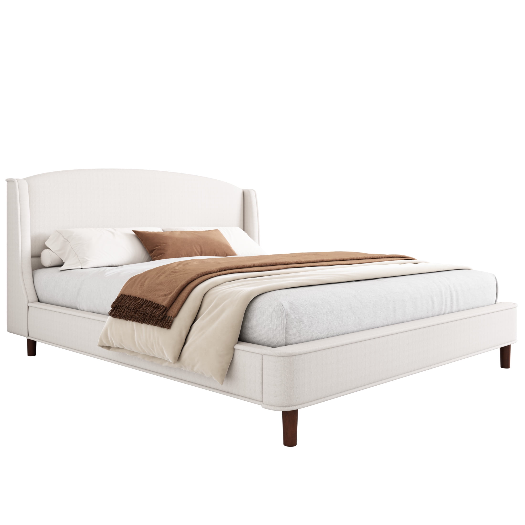 Kian Modern King Bed Frame, Upholstered Platform Bed with Wingback Headboard, Solid Wood Legs, Beige - Image 5