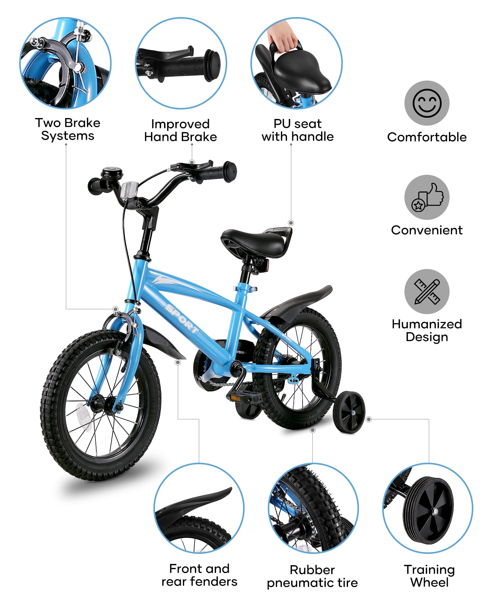 Naipo 14 Inch Kids Bike Girls and Boys Blue Bike with Removable Training Wheels - Image 7