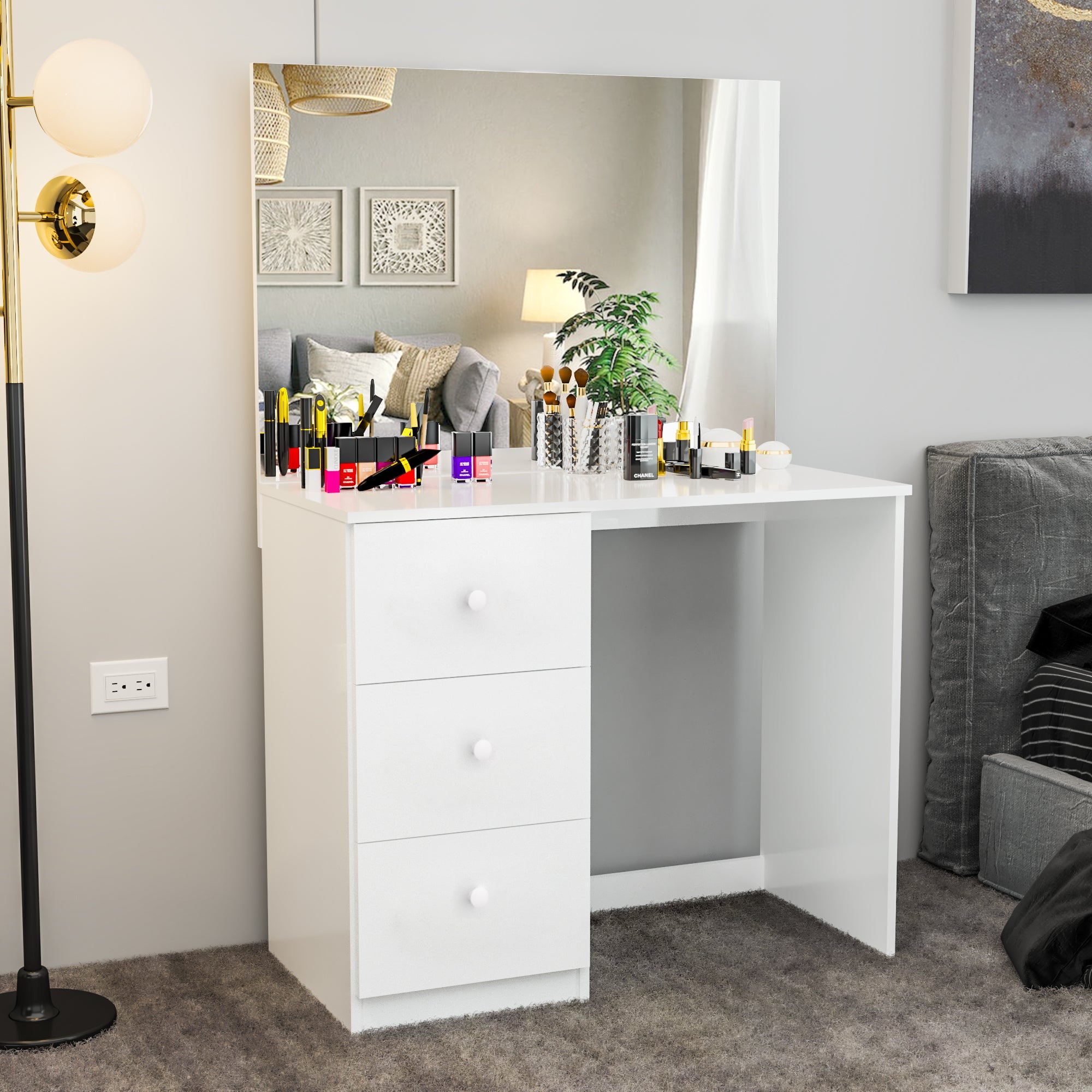 Ember Interiors Olivia Pro Modern White Makeup Vanity Desk with 3 Drawers and Crystal Knobs for Bedroom - Image 3