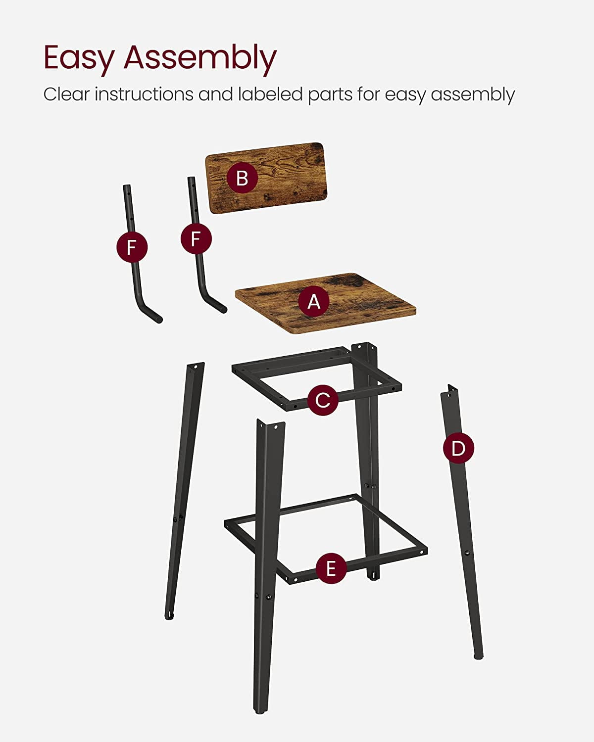 VASAGLE Bar Height Stool Tall Backrest Bar Stool, Rustic Brown & Black (Set of 2) - Image 4