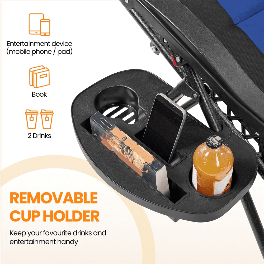 Alden Design 29in Foldable Padded Zero Gravity Chair with Cupholder/ Pillow for Outdoor, Navy Blue/Black - Image 7