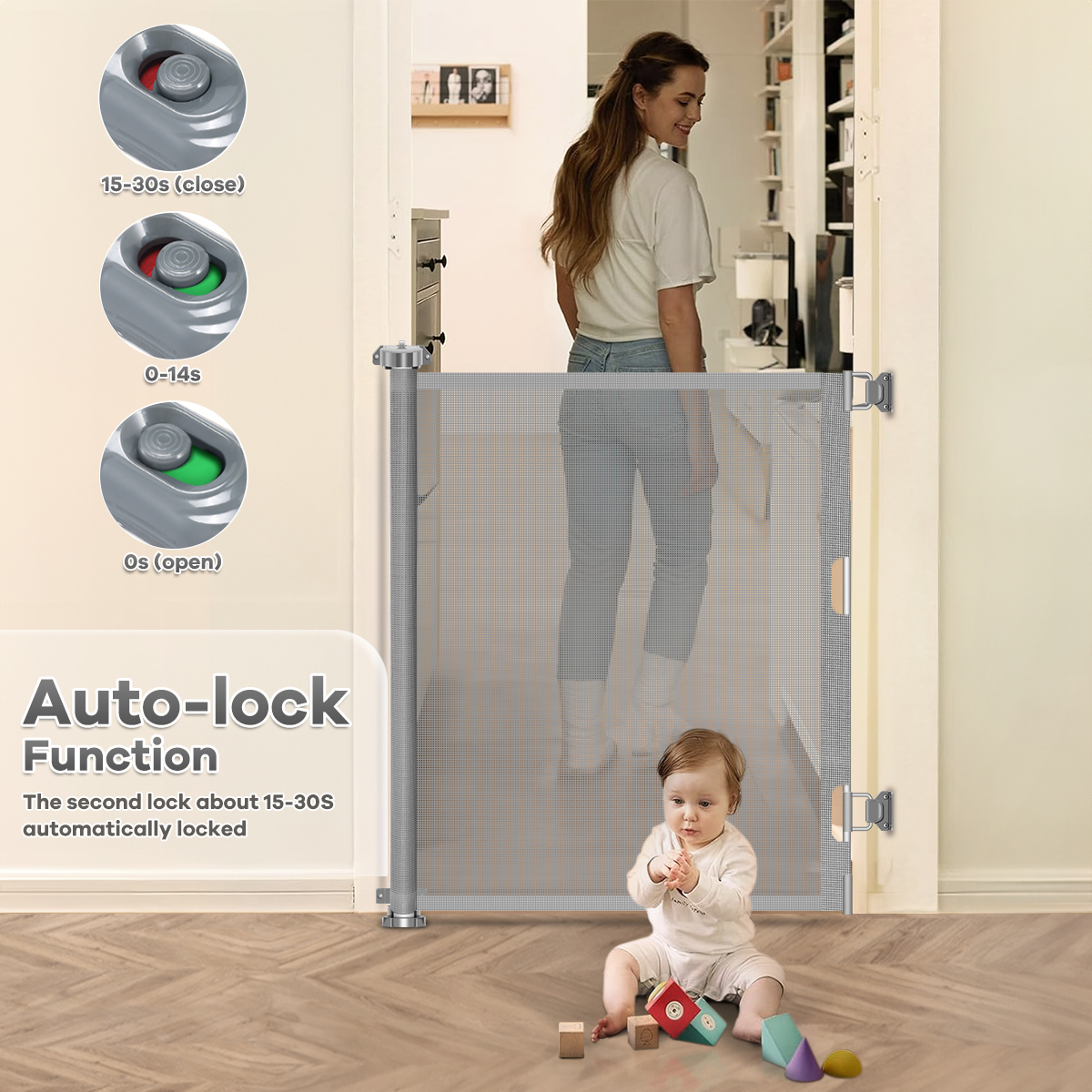 Retractable Baby Gate, POPO 42 inch Extra Tall Baby Gate, 71" Wide Baby Gate Dog Gate for Stair, Doorway, Gray - Image 7