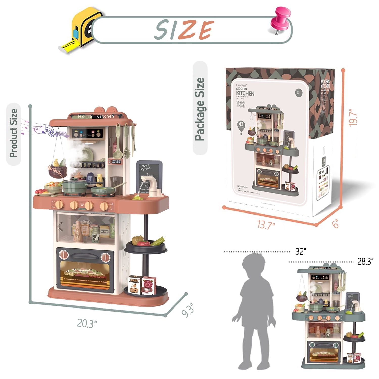 PayUSD 28.3" Kids Play Kitchen Playset for Toddlers with Realistic Sounds and Lights 43 Pcs Pretend Play Toy Set with Simulation of Spray Kids Kitchen Toys for Boys Girls Christmas Birthday, Orange - Image 5