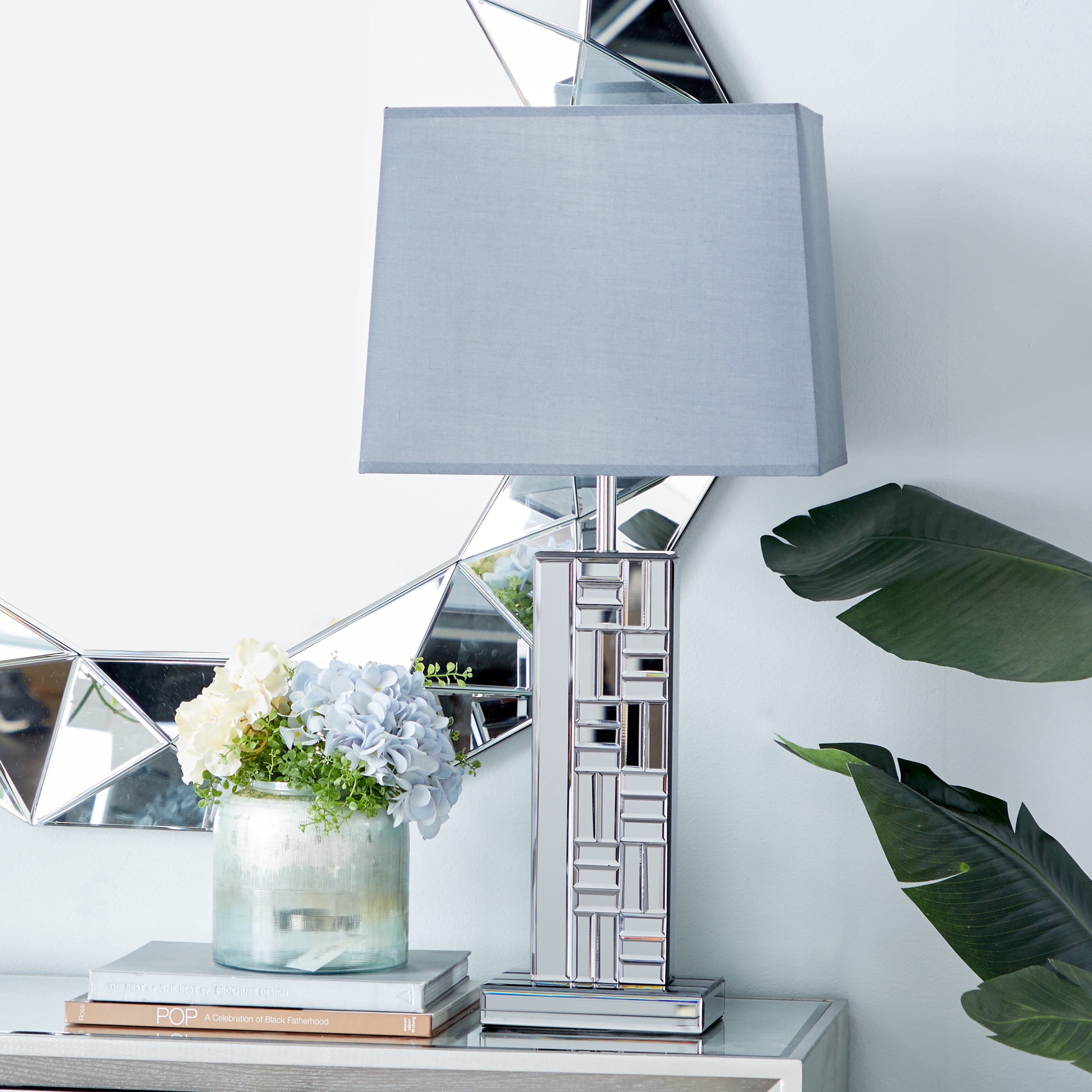DecMode 30" Mirrored Silver Table Lamp with Gray Linen Shade - Image 6