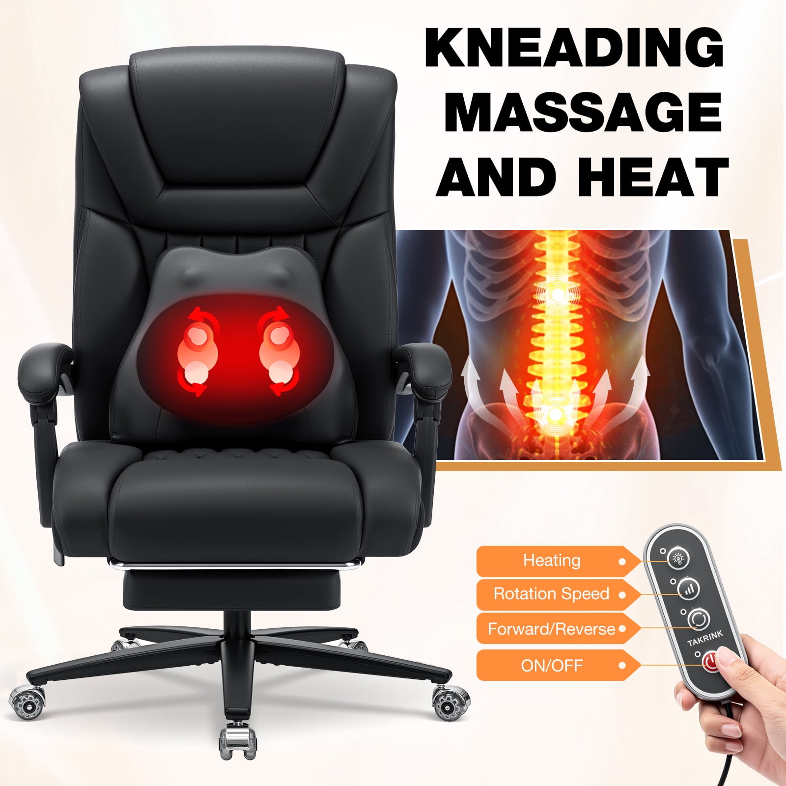 Hoffree Big and Tall Office Chair, 500lbs Reclining Executive Desk Chair with Heated Massage Backrest, Extra Wide Seat Leather Ergonomic Computer Desk Chair for Home Office, Black - Image 8