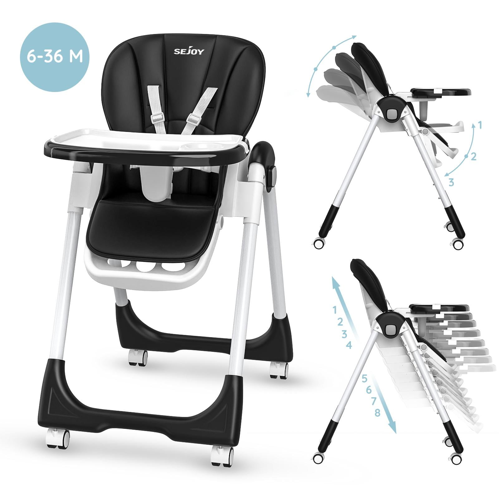 Sejoy 4 Wheels Baby High Chair for Toddlers, Foldable High Chair with Adjustable Seat Heigh, Black - Image 7