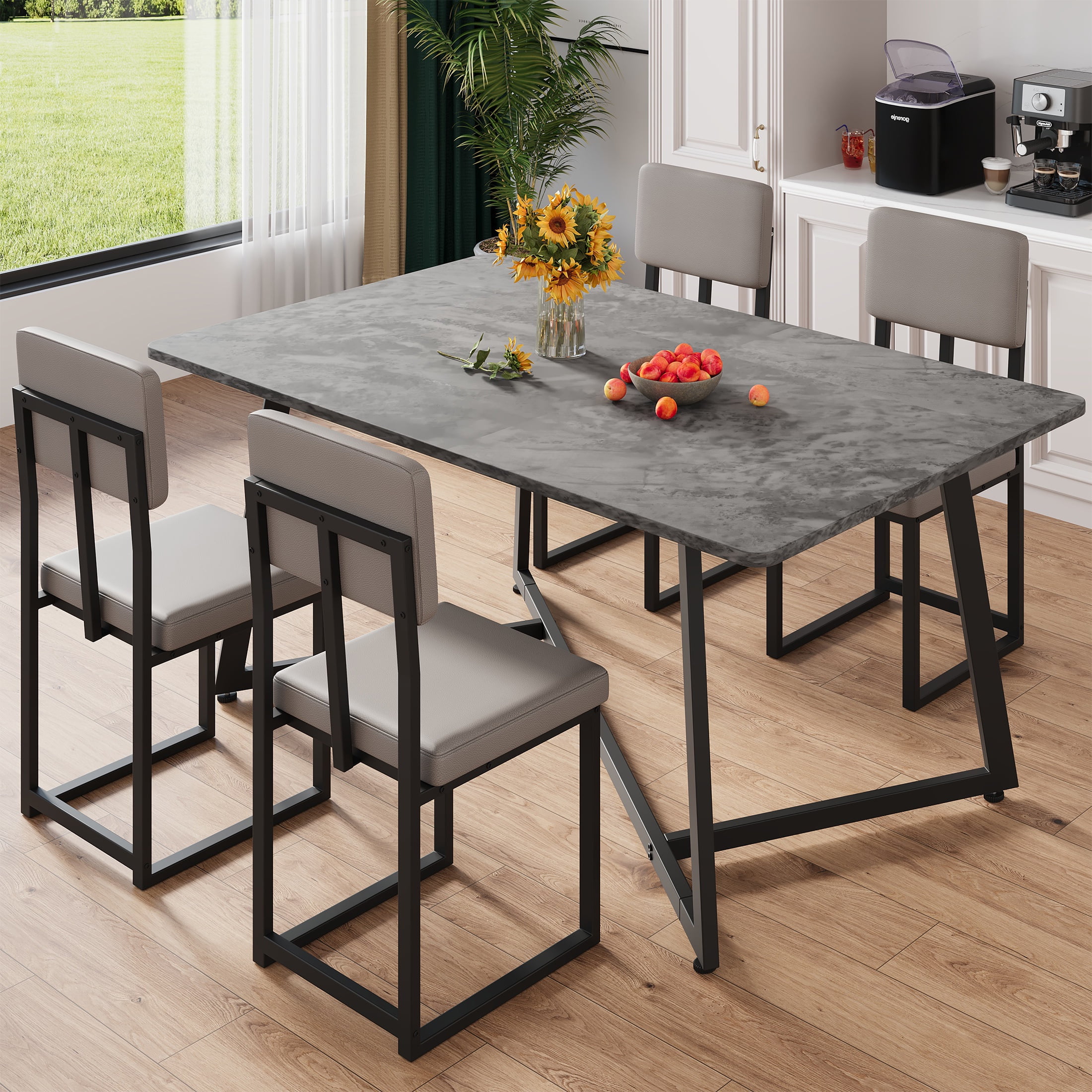 PORKISS 5 Piece Dining Table and Chair Set, Kitchen Dining Room Table Set with Faux Marble Table PU Leather Chairs, Rectangle Dining Table Set for 4, Dinette Set for Small Space, Gray + Black - Image 8