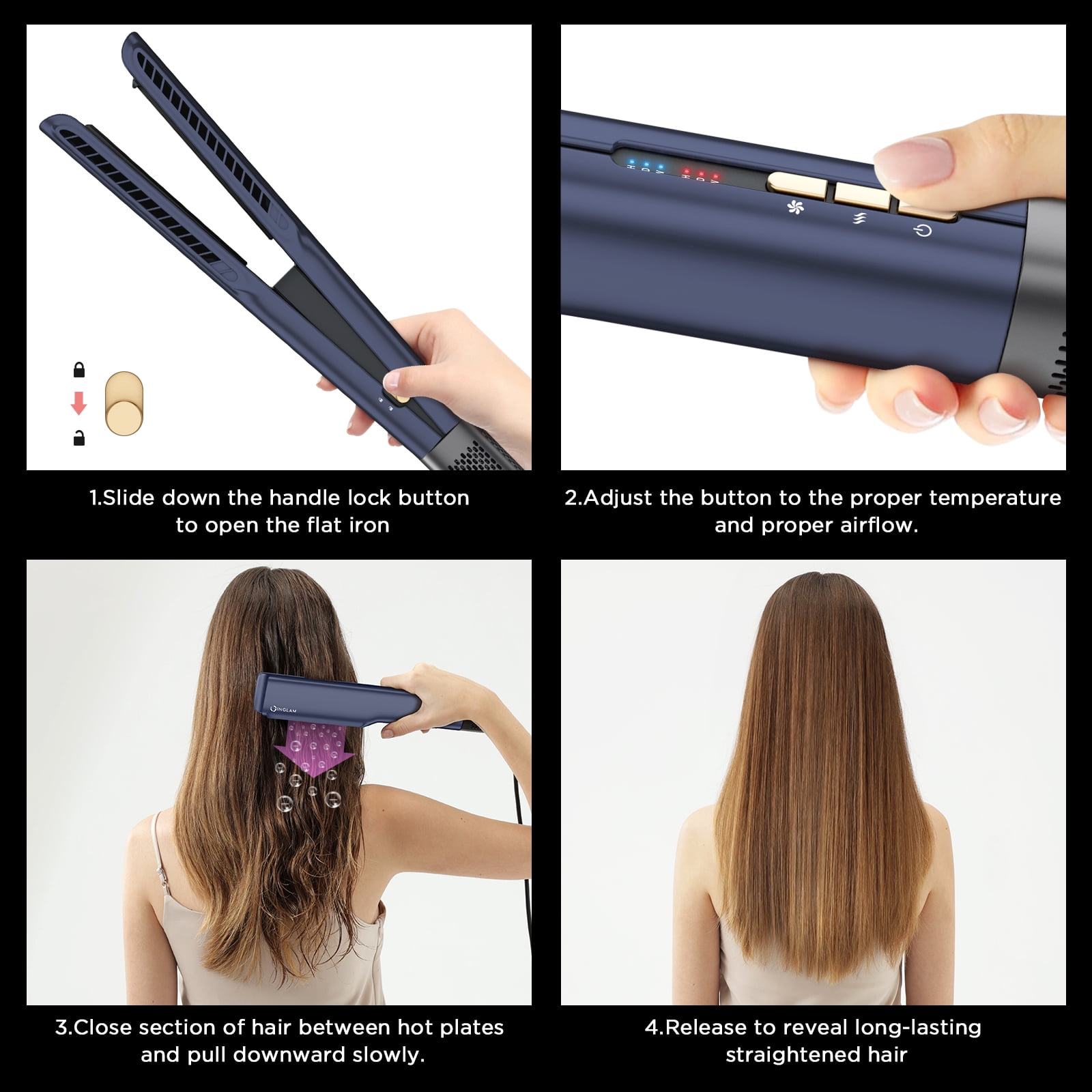 IG INGLAM Air Straightener - Advanced One-Step Airflow Hair Straightener & Dryer, Airflow Flat Iron with 200 Million Negative Ions, Prussian Blue - Image 2