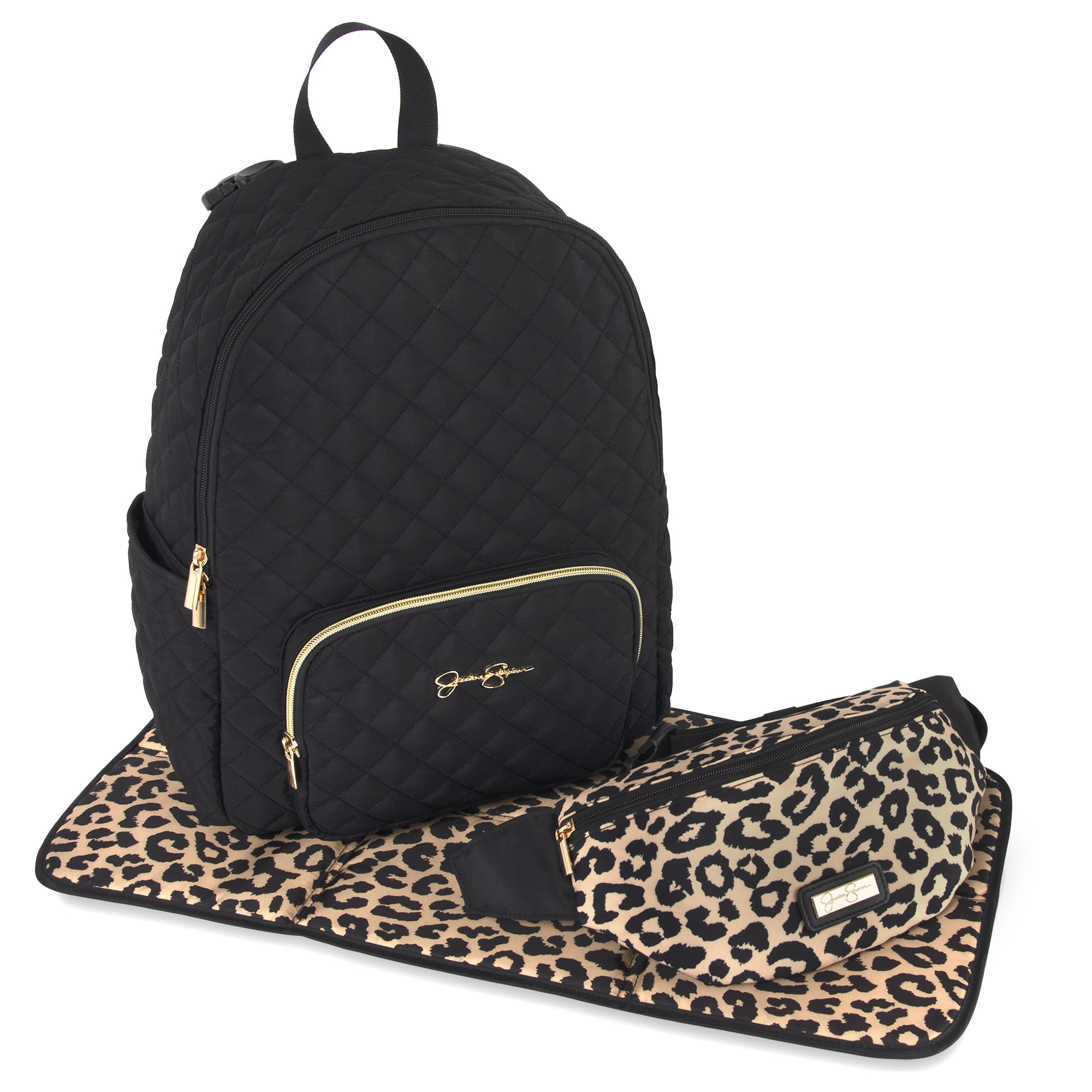 Jessica Simpson Black Diamond Quilted Multi-Pocket Dual Zipper Closure Fashion Diaper Bag Backpack with Leopard Print Interior, Matching 3-Ply Folding Baby Changing Pad & Belted Sling Bag for Mom - Image 4
