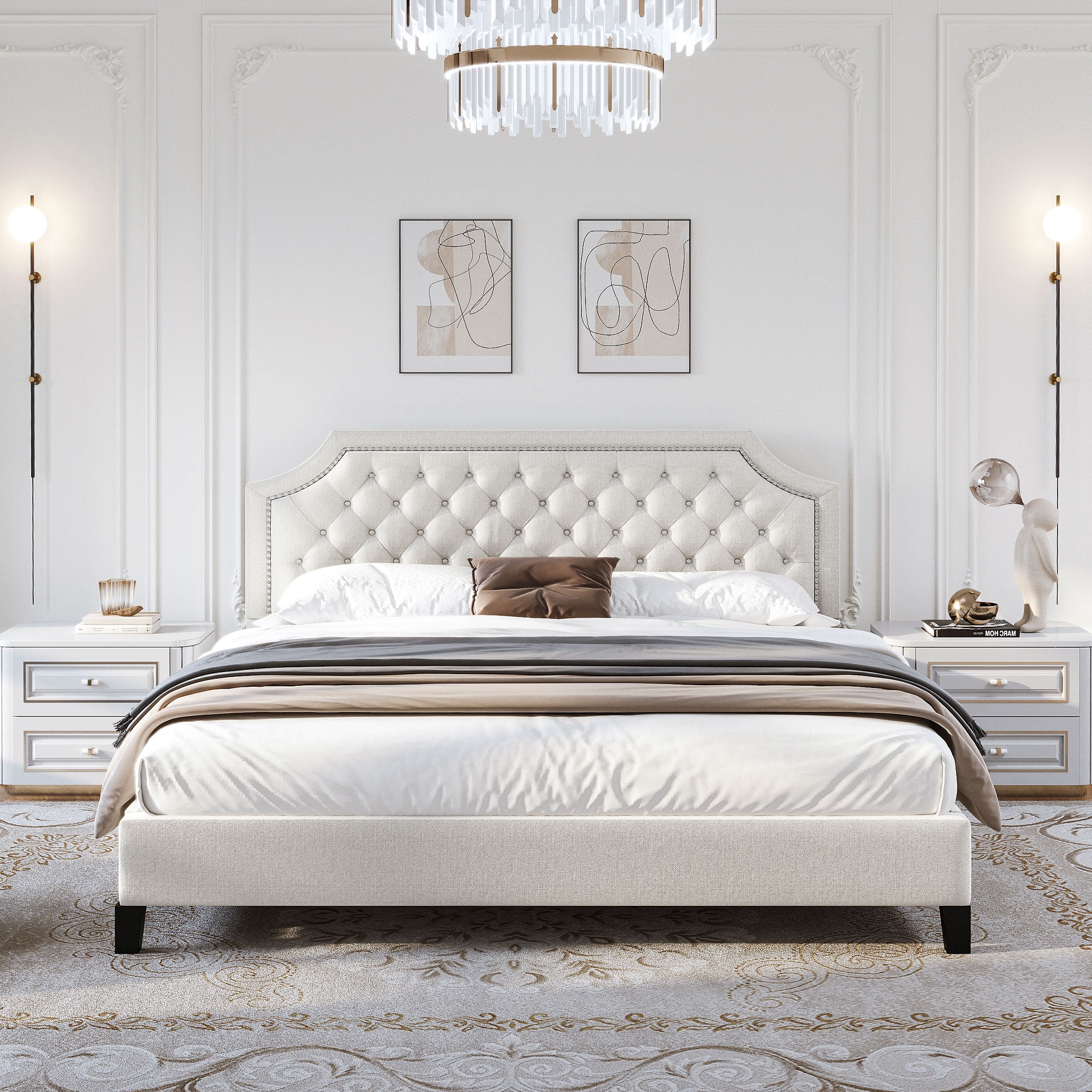 Dextrus King Size Platform Bed Frame with Tufted Upholstered Headboard, Beige - Image 9