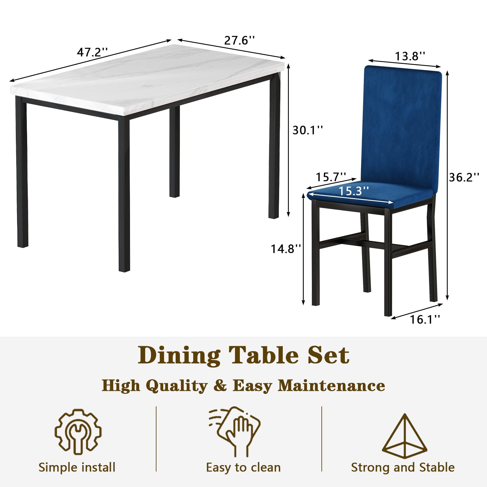 AWQM 5 Piece Dining Table Set, Kitchen Table and Chairs Set for 4 with Faux Marble and 4 Velvet Upholstered Dining Chairs for Home, Restaurant, White & Blue - Image 3
