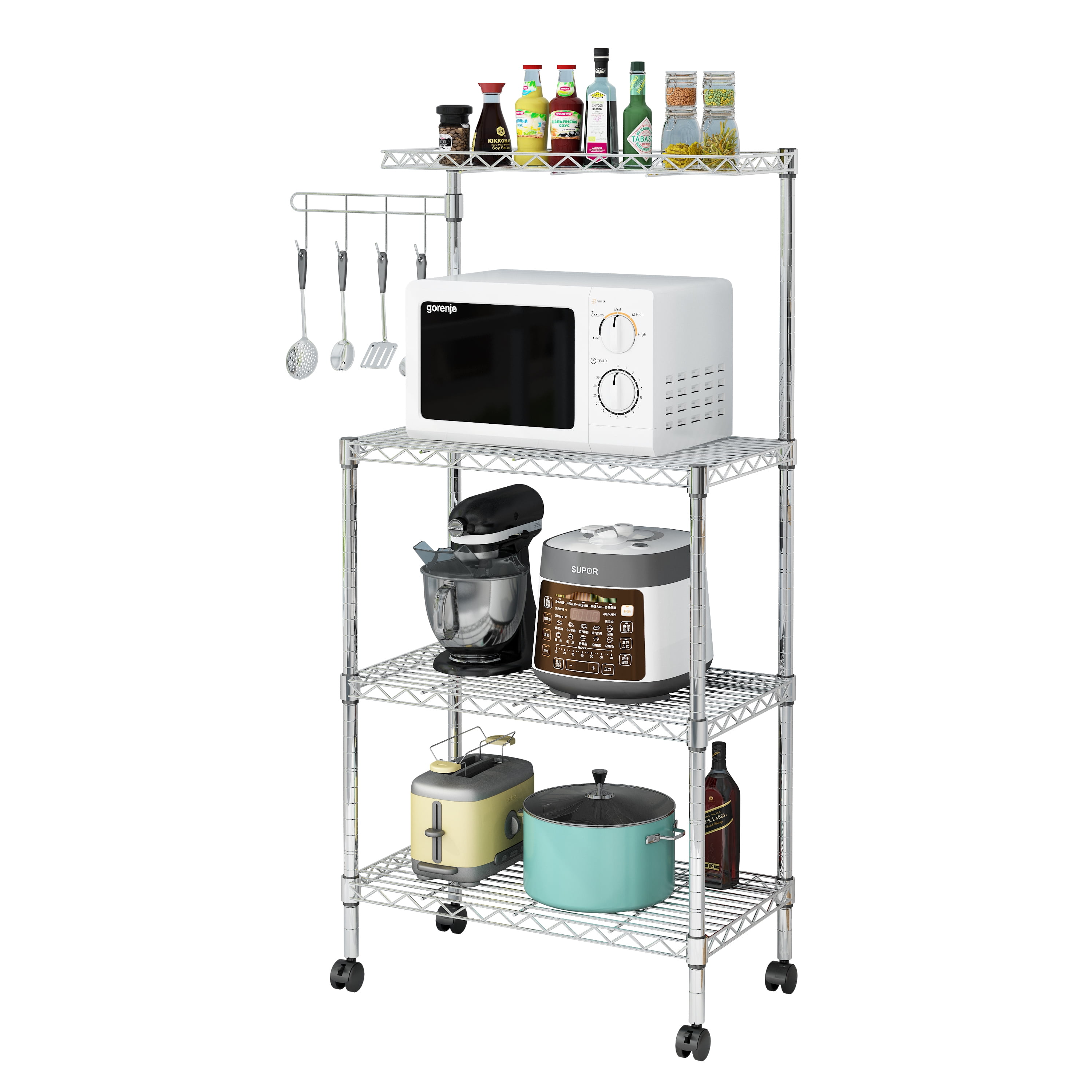 Zimtown 4-Tier Bakers Rack Kitchen Utility Cart Storage Rack Microwave Oven Stand with Hanging Hooks Chrome for Dining Room, Home, Silver - Image 11
