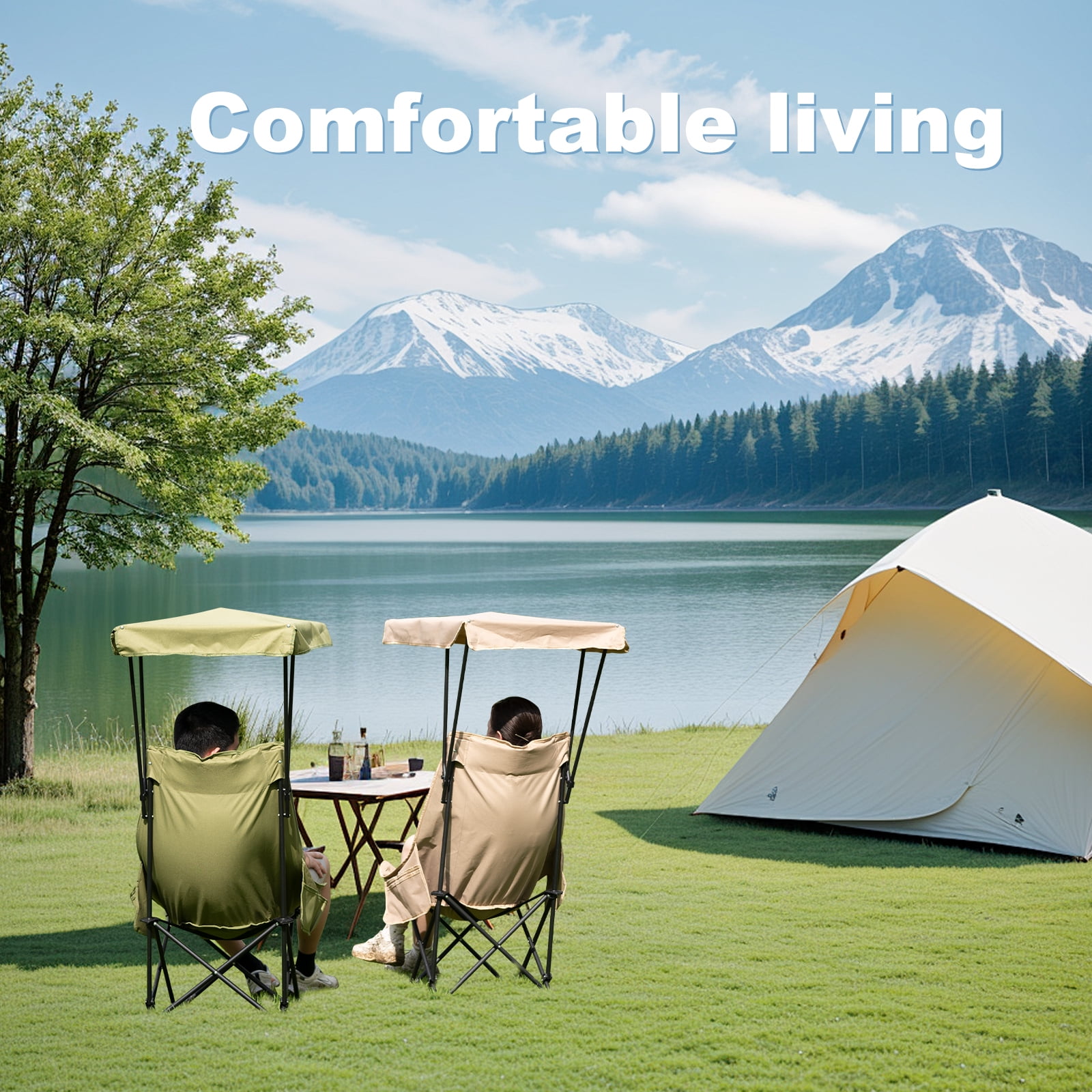 Young Wood Portable Camping Chair with Shade Canopy and Side Pocket Design, Khaki, 1pc - Image 5