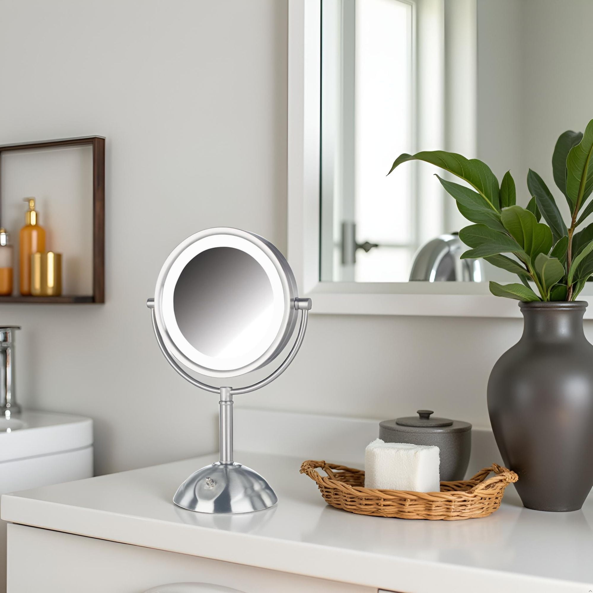 JERDON Lighted Tabletop Makeup Mirror - 1X and 8X Magnification - Nickel Finish - 8.5-Inch Diameter Vanity Mirror – Plug In - Model HL8808NL - Image 8