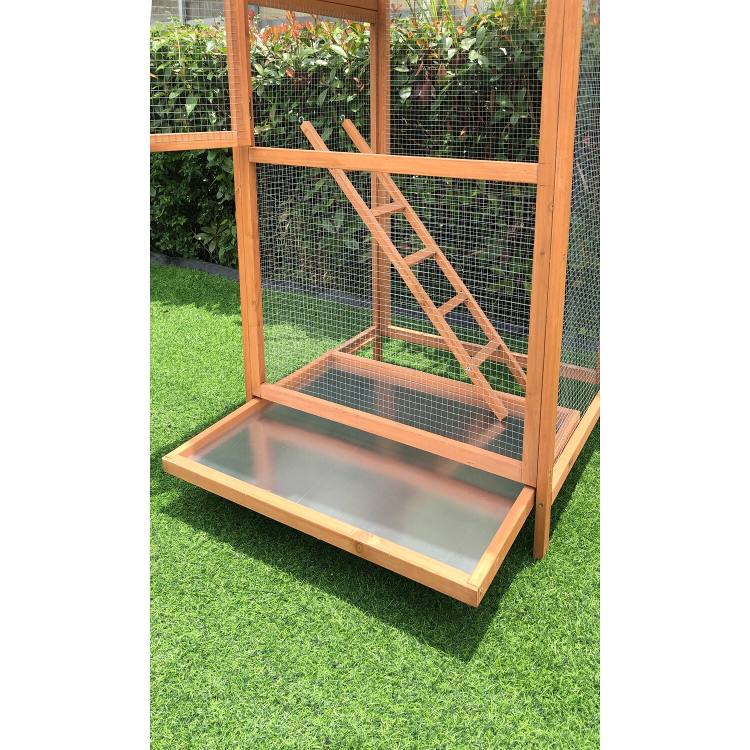 Hanover Outdoor Wooden Bird Cage with 3 Resting Bars, Ladder, Waterproof Roof and Removable Tray, 2.9 Ft. x 2.1 Ft. x 5.8 Ft. - Image 10