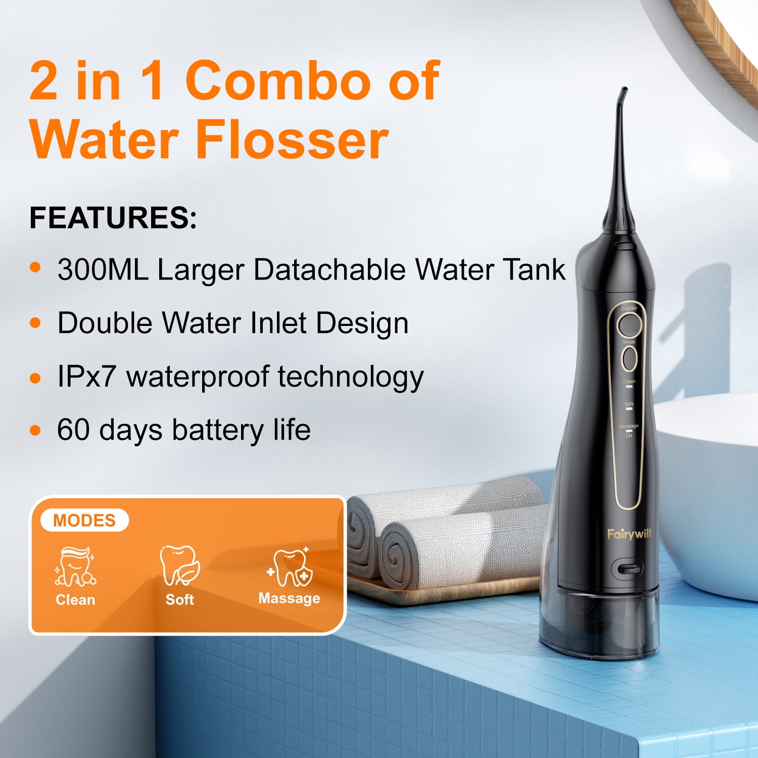 Fairywill Electric Toothbrush Water Flosser Combo, 47000/min Sonic Toothbrush with 5 Modes and 300ml Oral Irrigator,4 Brush Heads & 4 Jet Tips Included, Black - Image 11