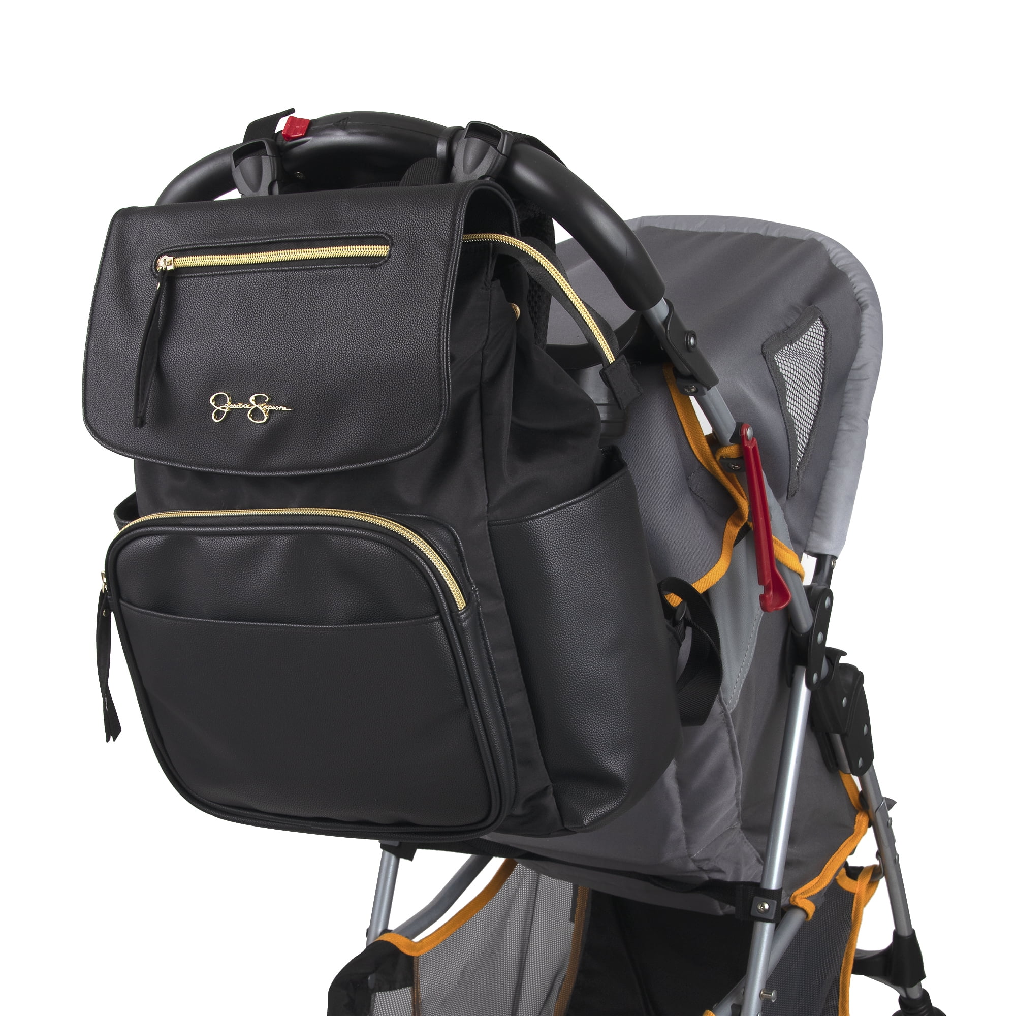 Jessica Simpson Black Vegan Leather Multi-Pocket Magnetic Flap & Zipper Closure Fashion Diaper Bag Backpack with Snow Leopard Print Interior, Matching 3-Ply Folding Baby Changing Pad - Image 7