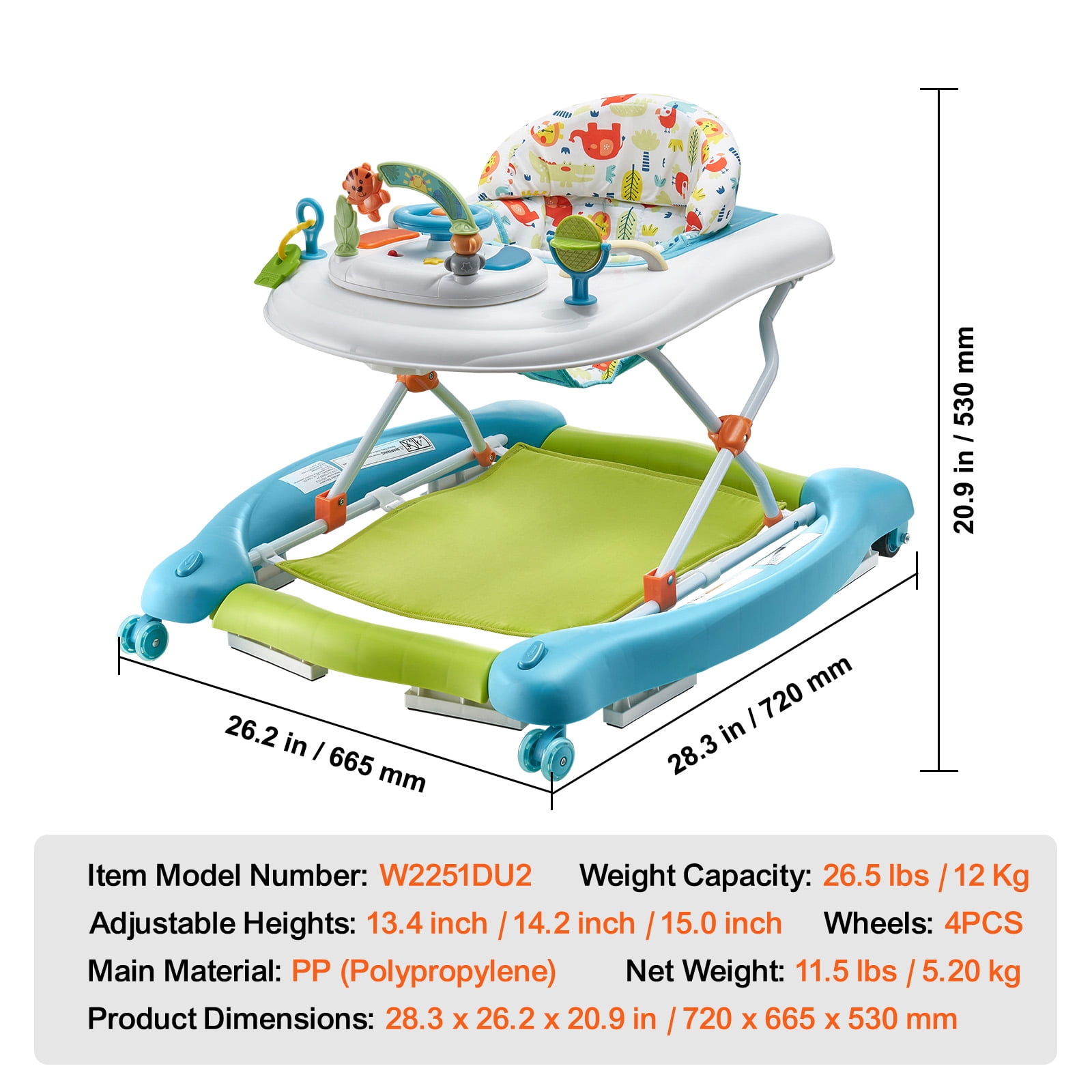 KFFKFF Baby Walker 4 in 1, Foldable Height Adjustable Baby Walker with Wheels, Infant Toddler Walker with Foot Pads, Anti-Fall Baby Walker With Music & Toys Tray for Boys and Girls 6-24 Months - Image 4