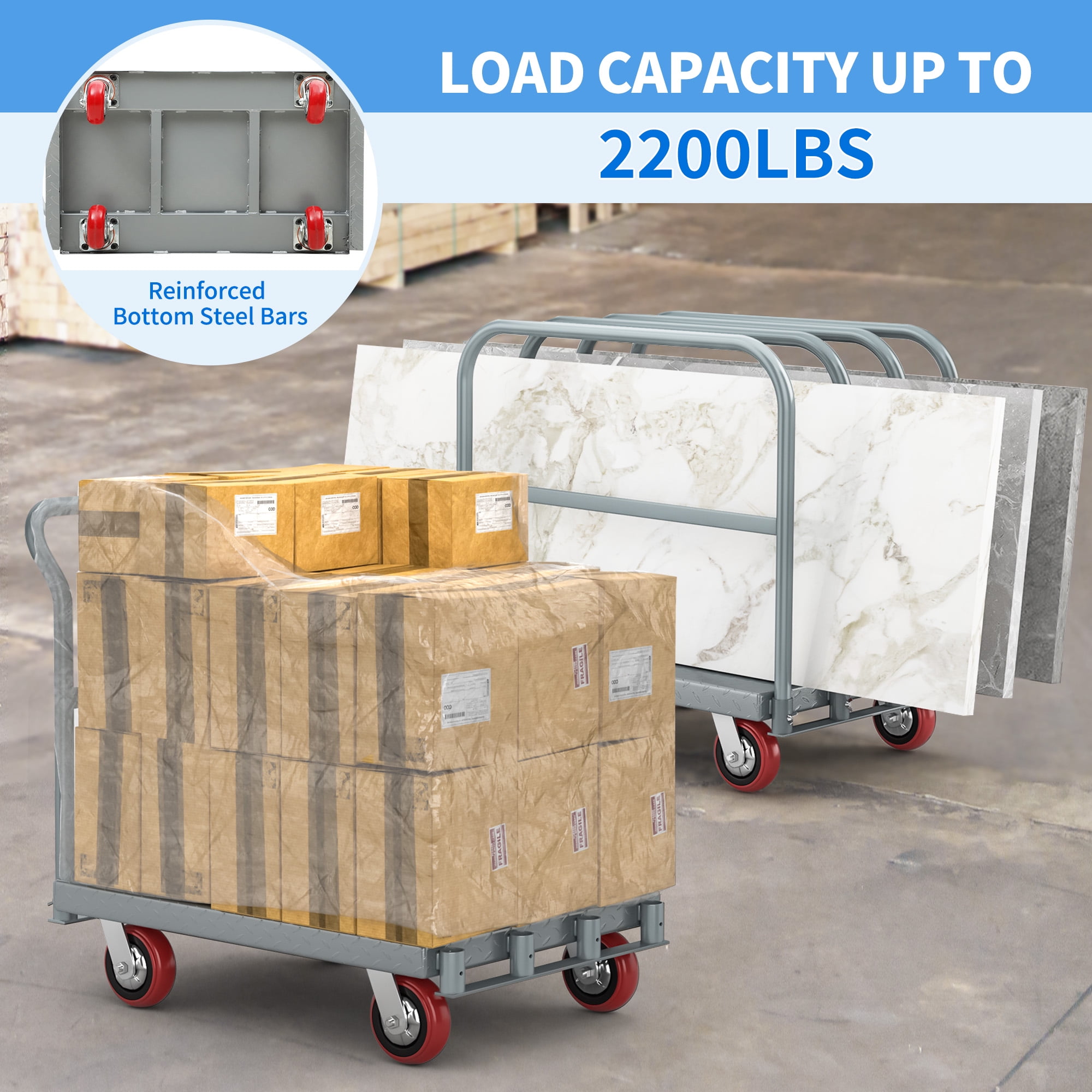 Dextrus 2-in-1 Heavy-Duty Platform Truck, 2200 lbs Capacity, Steel Panel with 4 Side Rails and 5" Rubber Swivel Wheels - Image 4