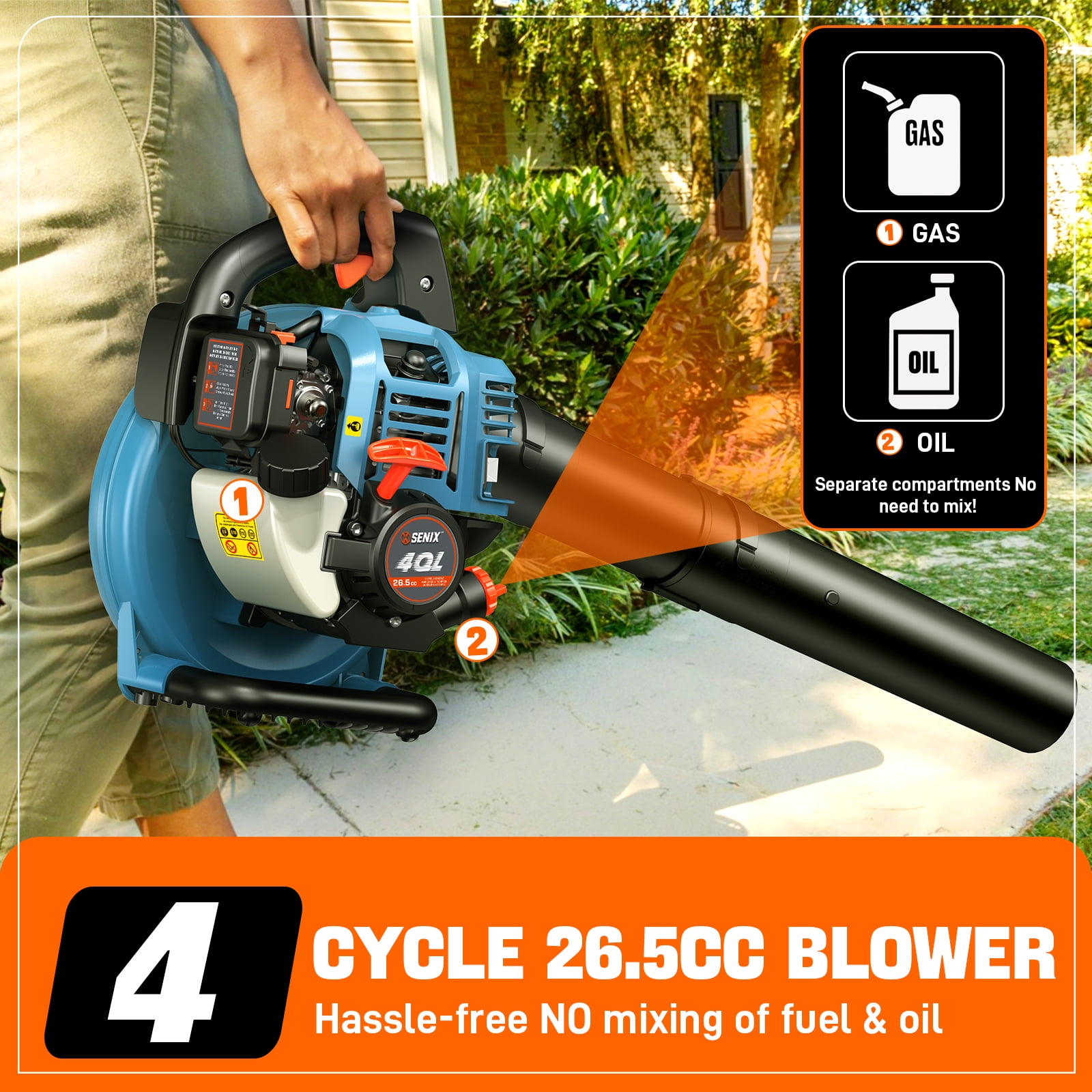 SENIX 4QL 26.5cc 4-Cycle Gas Powered Leaf Blower, 410 CFM/125 MPH, Dual-Grip Handle, Lightweight, BL4QL-L - Image 3