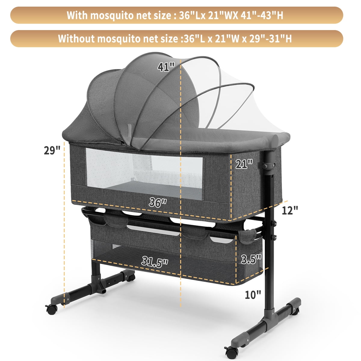 HDJ 4 in 1 Baby Bassinet, Portable Infant Bedside Crib with Lockable Wheel for 0-6 Months Baby, Dark Gray - Image 2