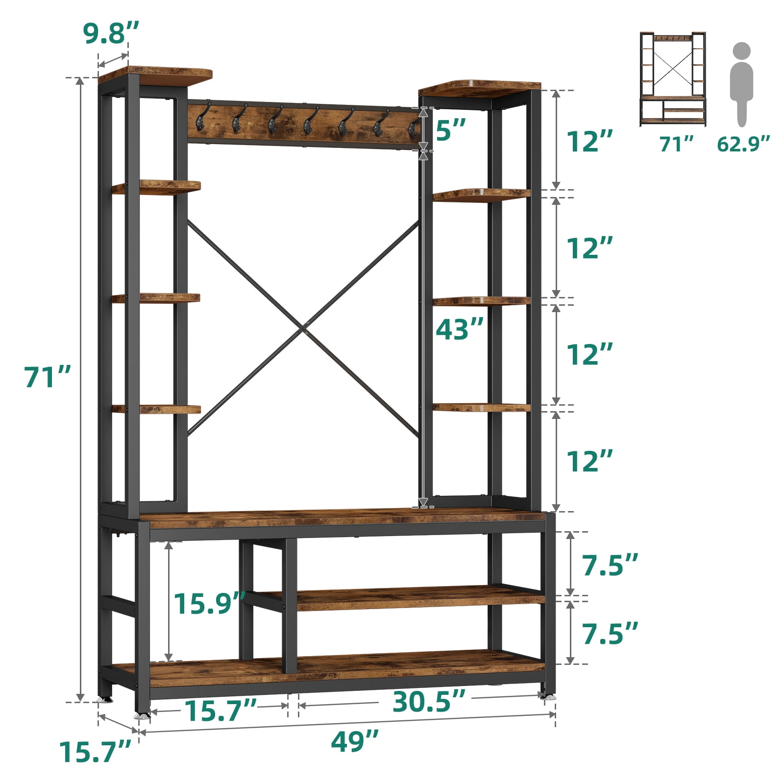 Dextrus Entryway Coat Rack with Bench and Shoe Storage, 5-in-1 Coat Tree with 16 Hooks, Rustic Brown - Image 5
