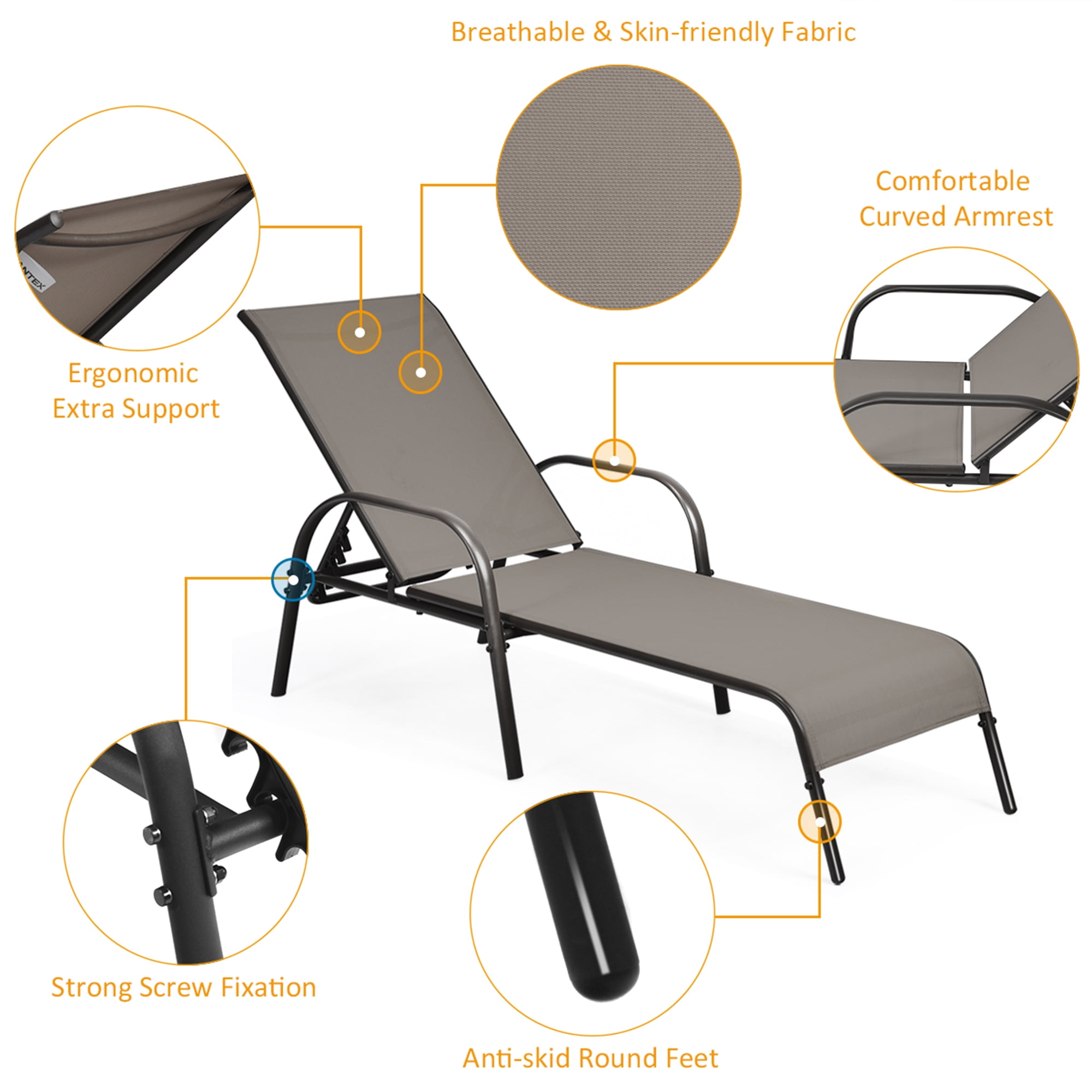 Gymax Adjustable Chaise Lounge Chair Recliner Patio Yard Outdoor w/ Armrest Brown - Image 5