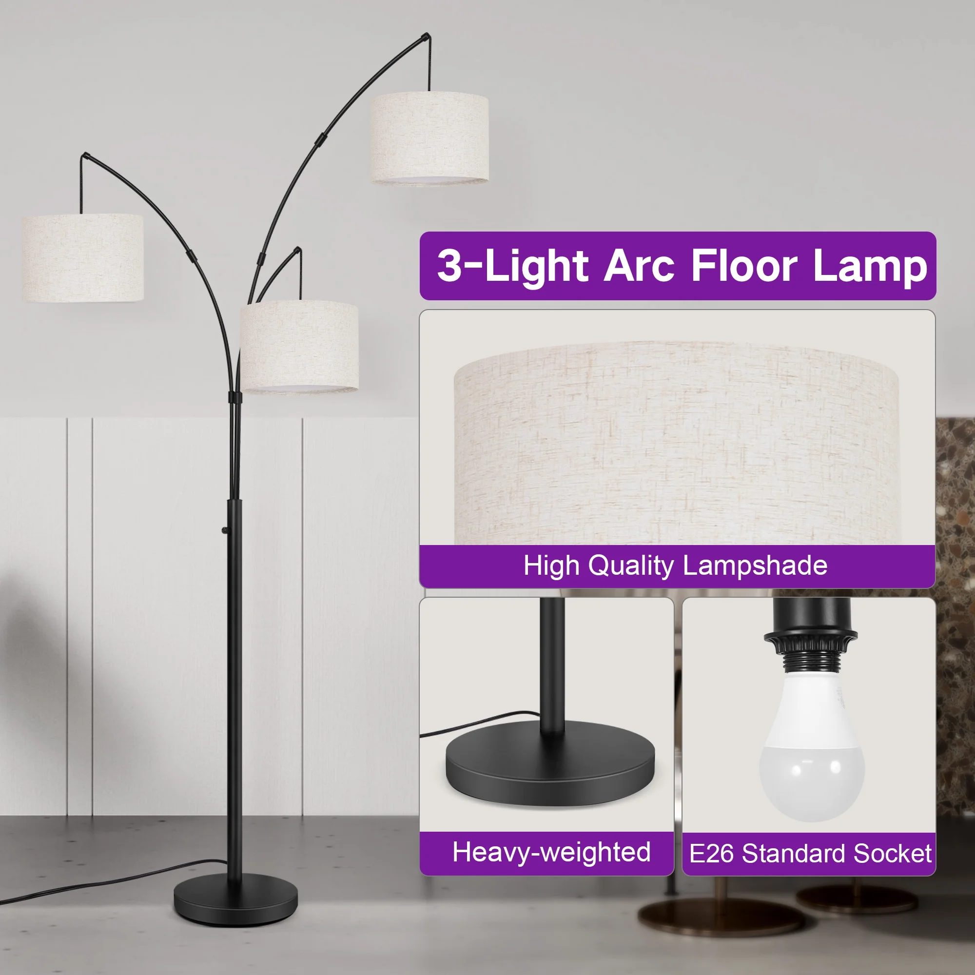OUTON 3 Light Floor Lamp, 80" Mordern Standing Lamp with Linen Lamp Shade, Arc Floor Lamp for Living Room, Bedroom, Office, 3 Bulbs Includes(Black) - Image 3