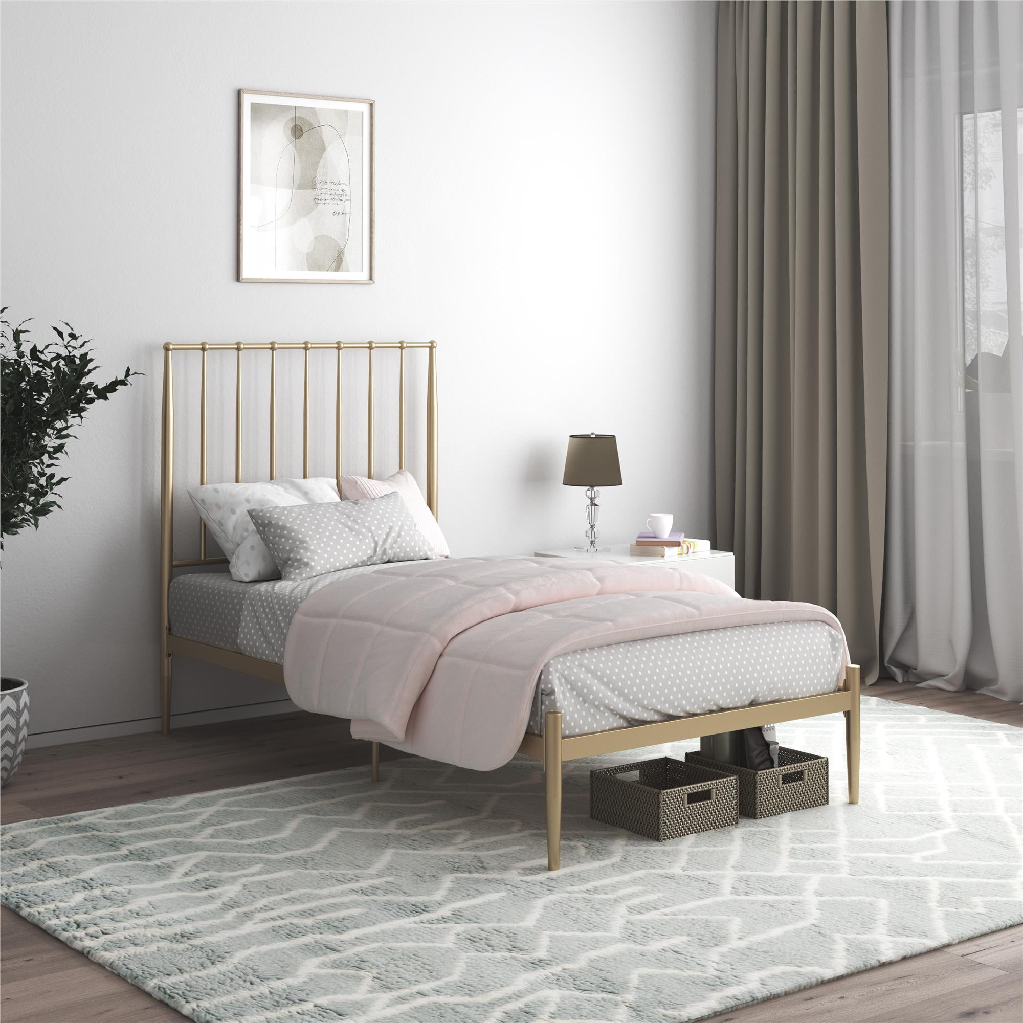 DHP Giulia Metal Platform Bed with Headboard and Underbed Storage Space, Twin, Gold - Image 3