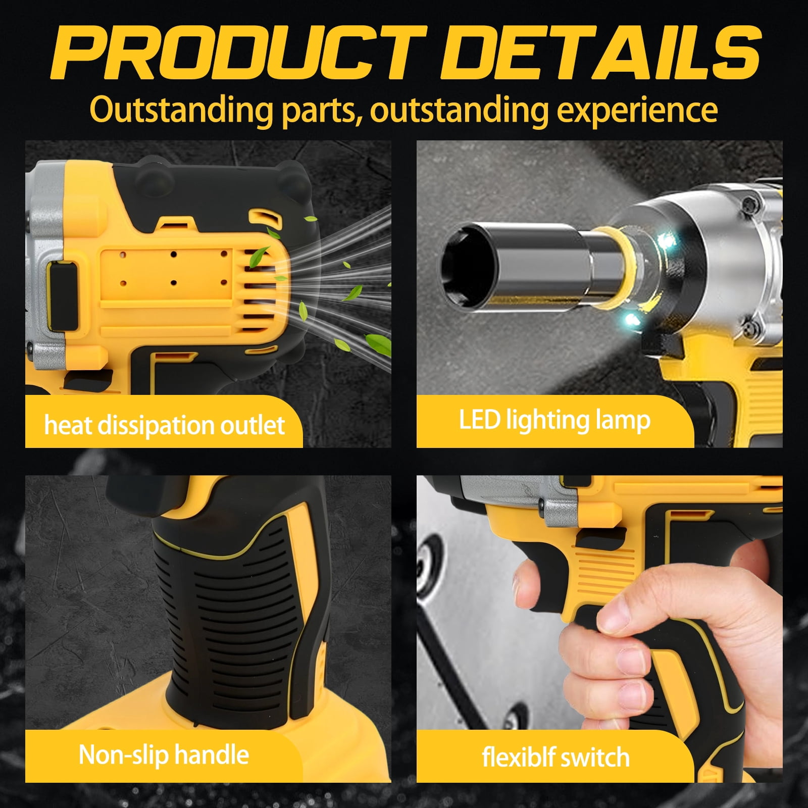 21V Cordless Impact Wrench with 2 Batteries,Brushless Motor 1/2" Impact Drill,Impact Gun Max Torque 280 ft lbs (380N.m),30Pcs Tool Set for Home,Yellow - Image 3