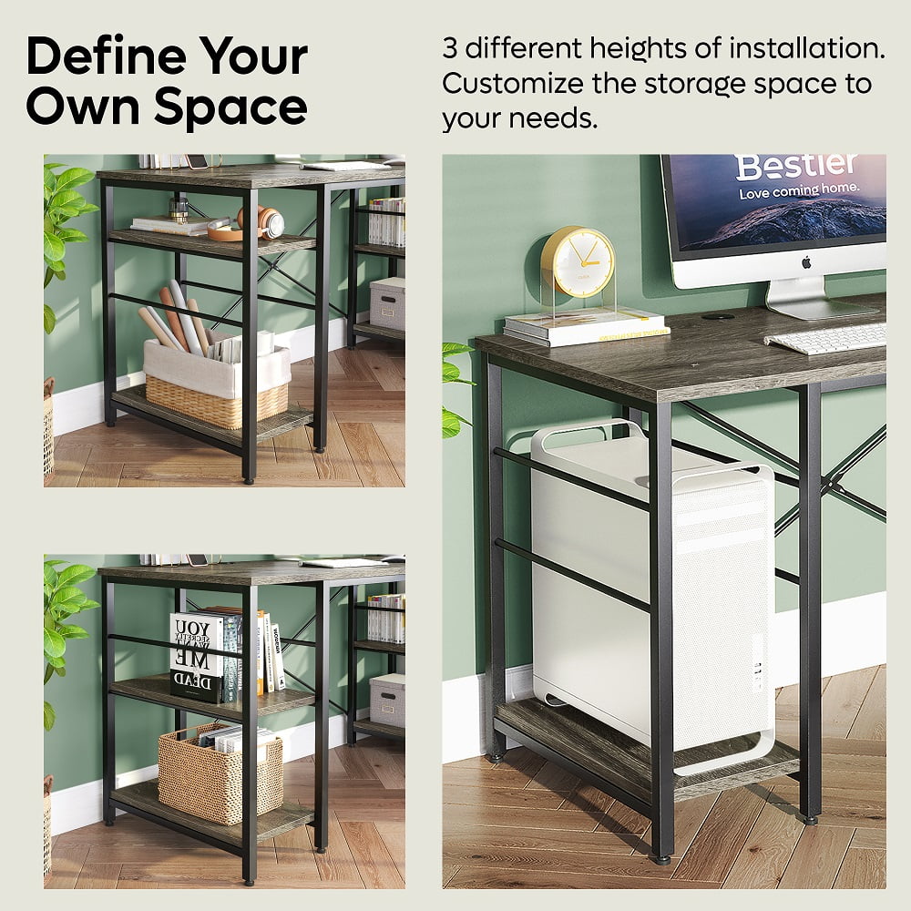Bestier 95.5 inches L-Shaped Corner Computer Desk with Shelves Long Table Three-Way Convertible in Grey - Image 7
